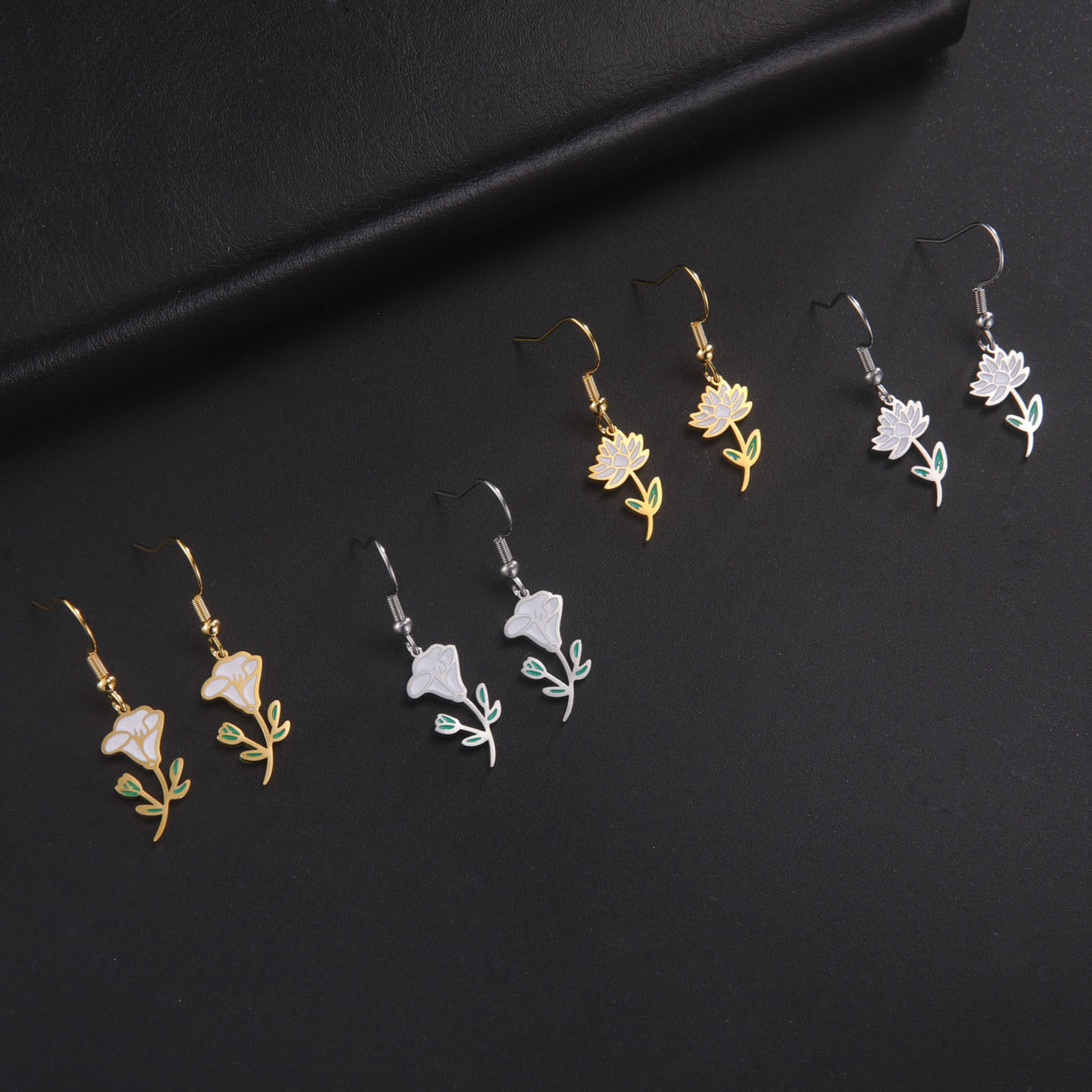 Picture of 304 Stainless Steel Birth Month Flower Earrings Enamel