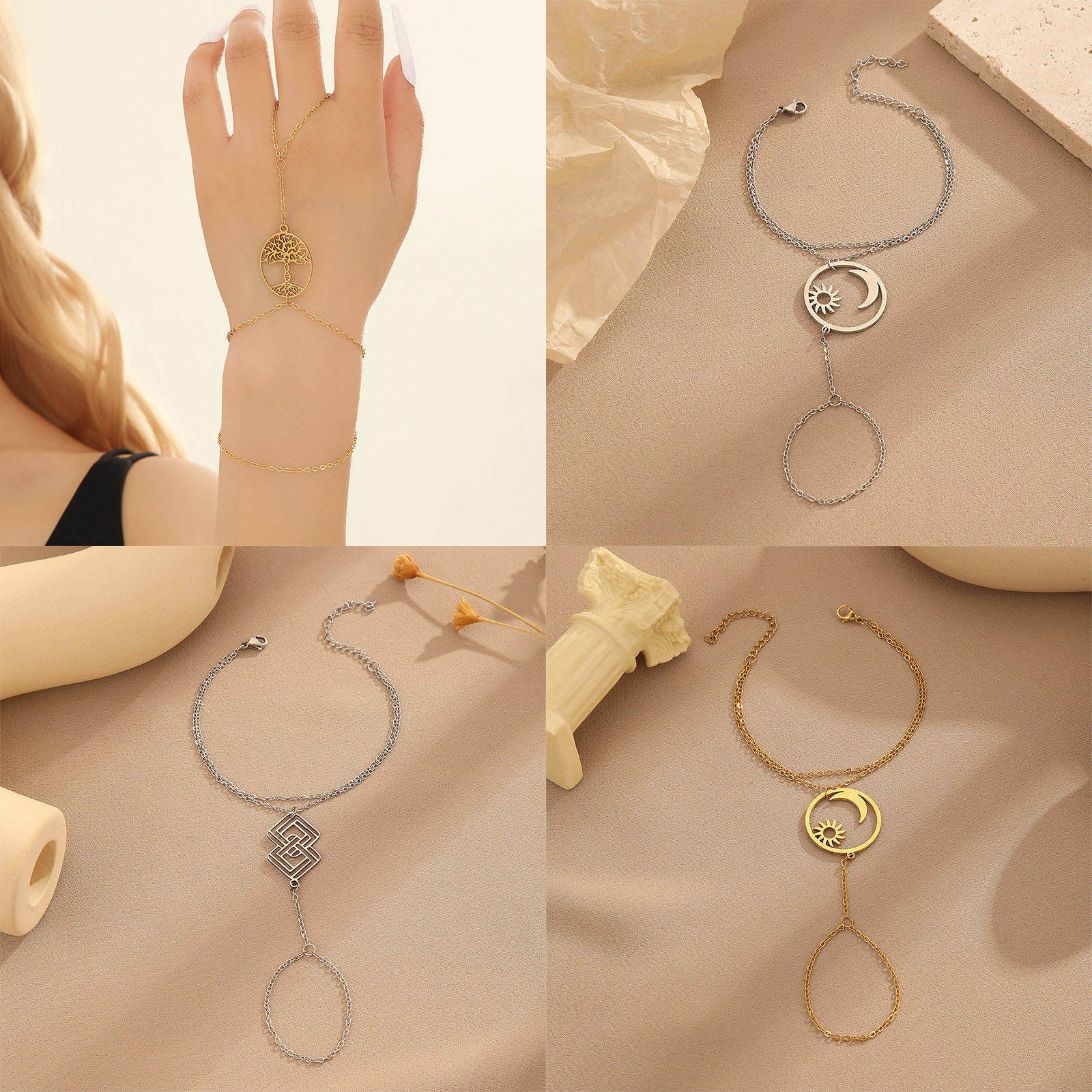 Изображение 304 Нержавеющая Сталь Позолоченные цепочки Браслеты-цепочки в виде колец на палец в стиле ретро Геометрия 1 ШТ