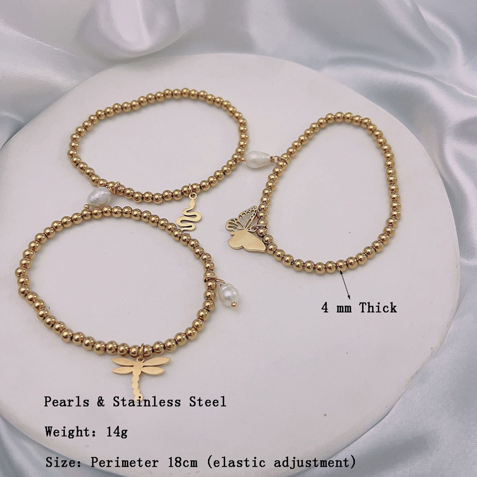 Изображение Экологичный Элегантный Простой 18K позолоченный Нержавеющая сталь 304 и натуральный жемчуг Луна половина Бабочка Упругий Браслеты с подвесками Для женщин Годовщина 1 ШТ