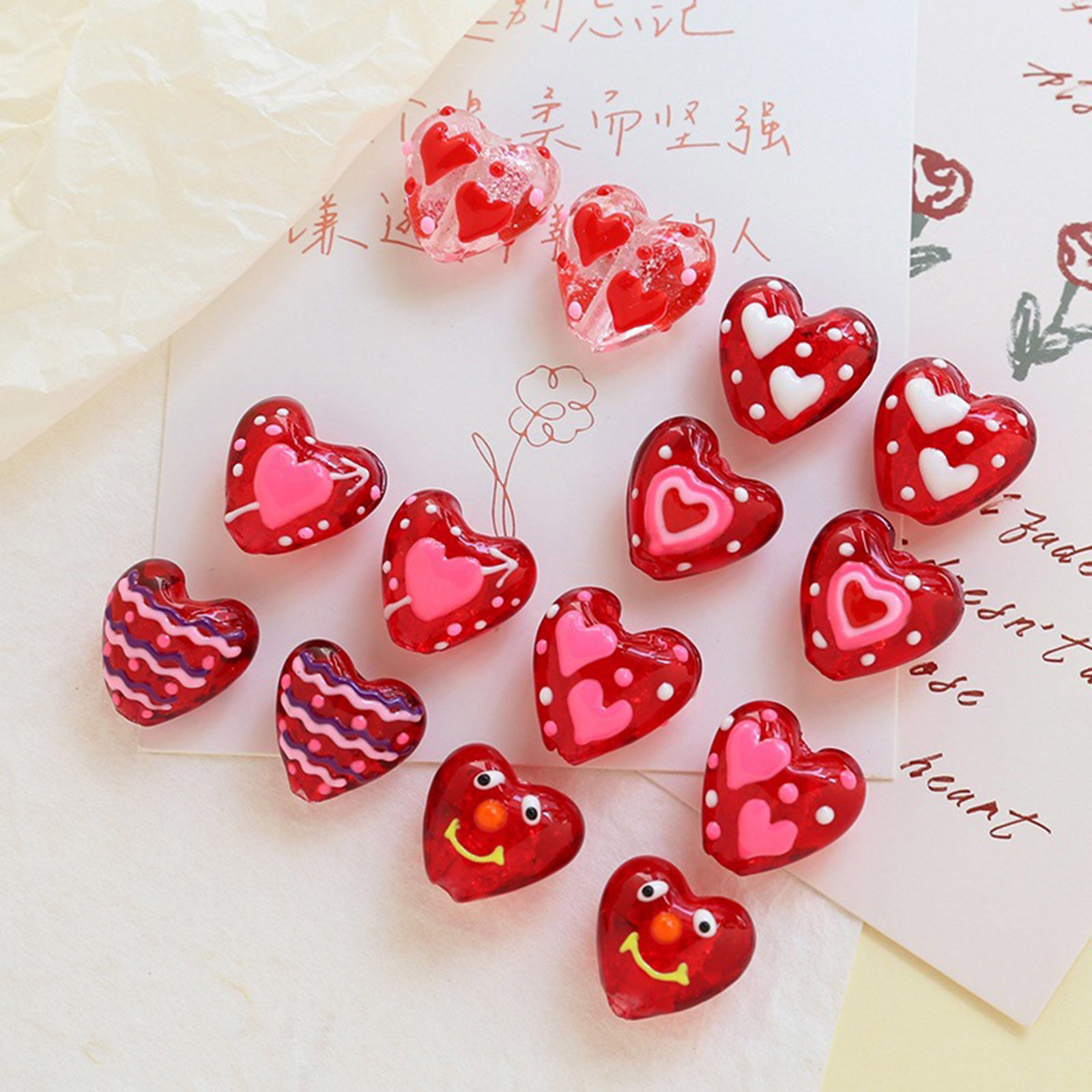 Picture of Lampwork Glass Valentine's Day Beads For DIY Jewelry Making Heart Red Dot Handmade About 20mm x 19mm