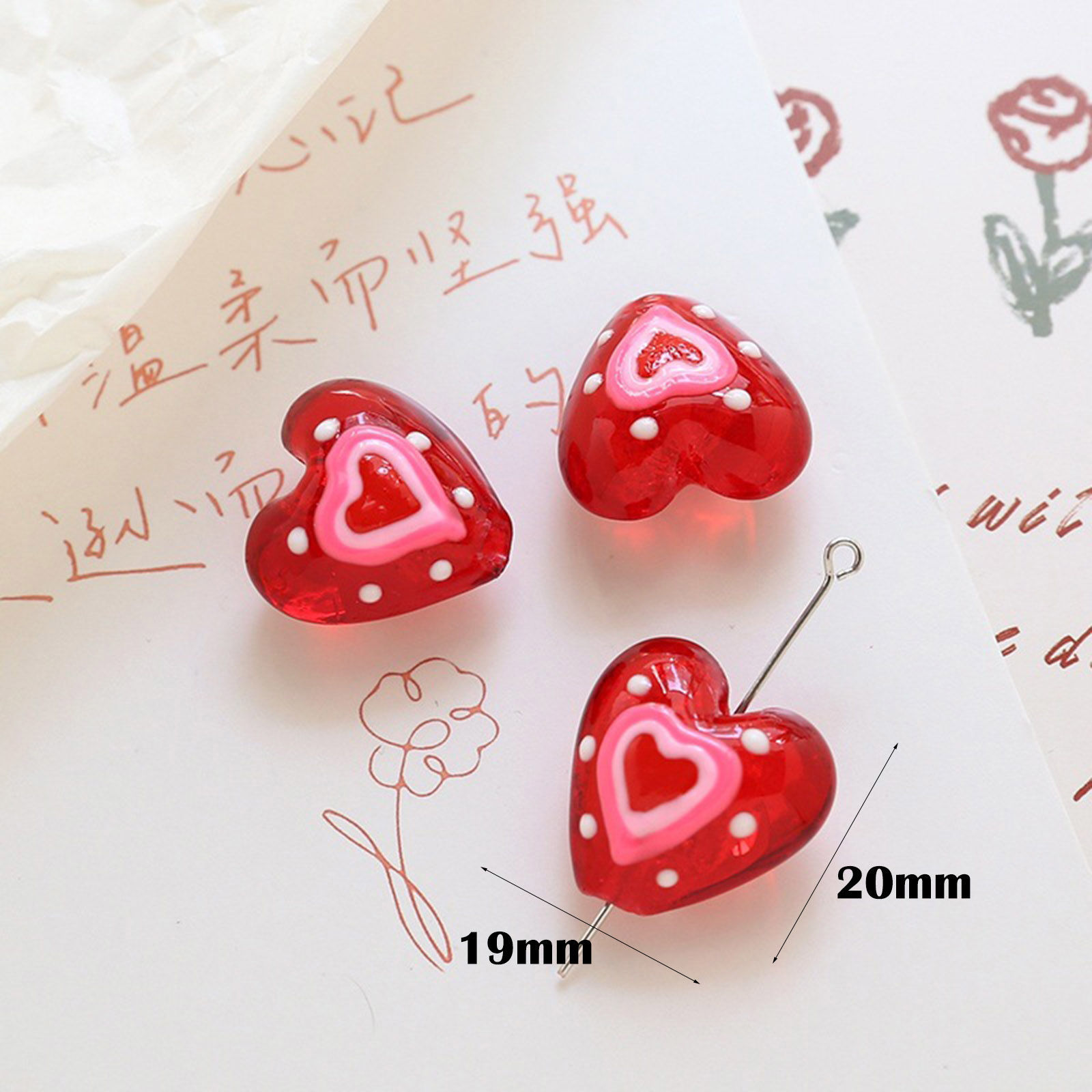 Picture of Lampwork Glass Valentine's Day Beads For DIY Jewelry Making Heart Red Dot Handmade About 20mm x 19mm