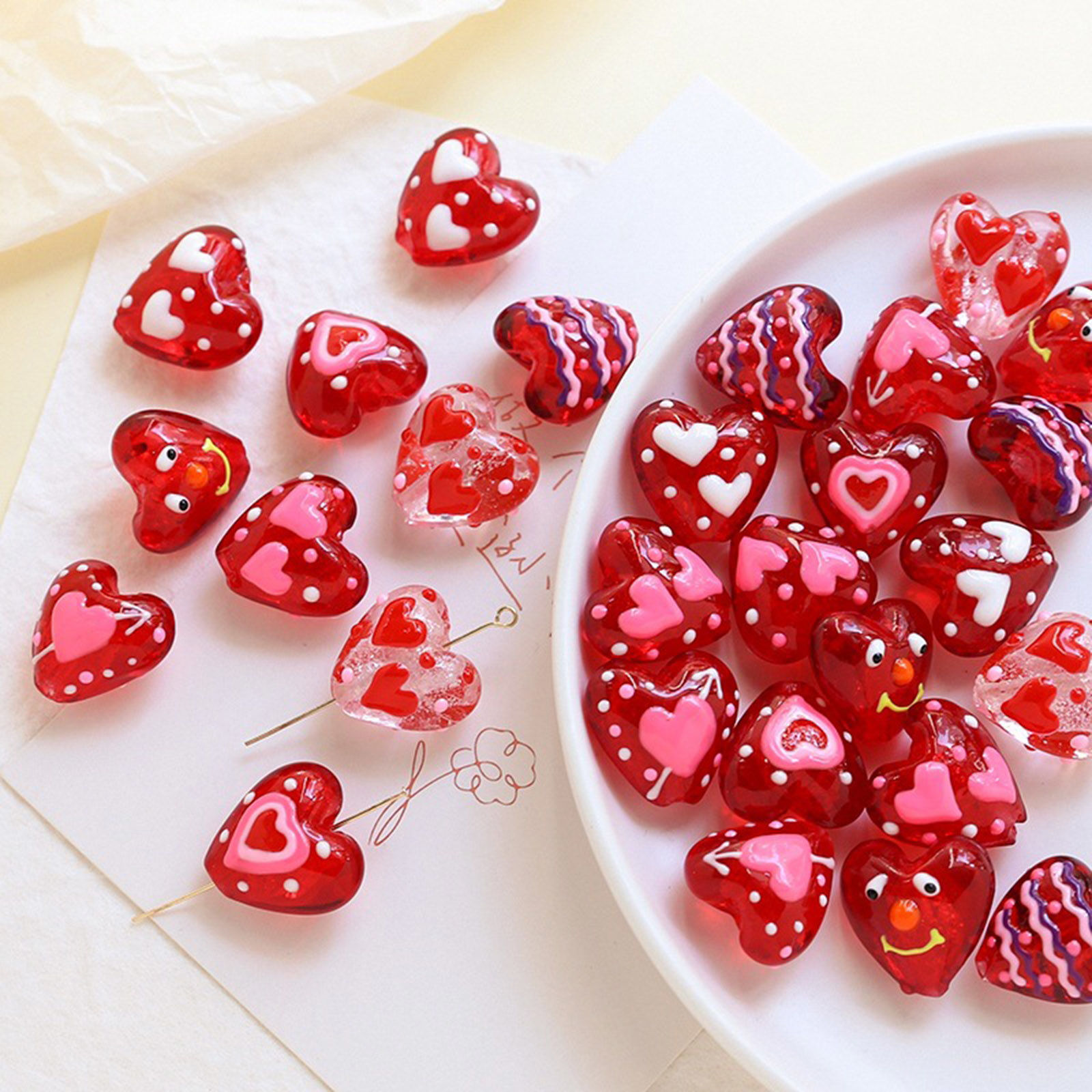 Picture of Lampwork Glass Valentine's Day Beads For DIY Jewelry Making Heart Red Dot Handmade About 20mm x 19mm