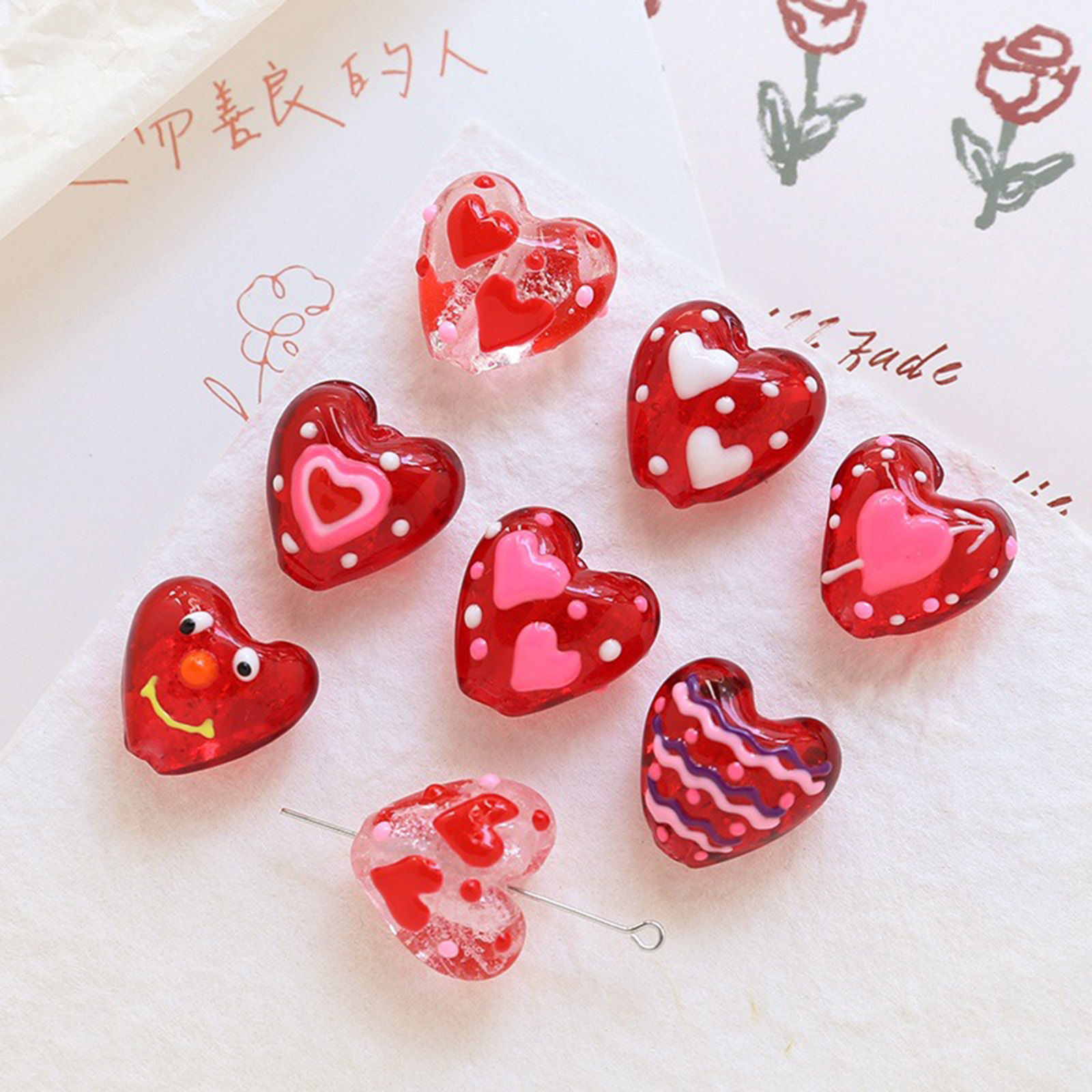 Picture of Lampwork Glass Valentine's Day Beads For DIY Jewelry Making Heart Red Dot Handmade About 20mm x 19mm
