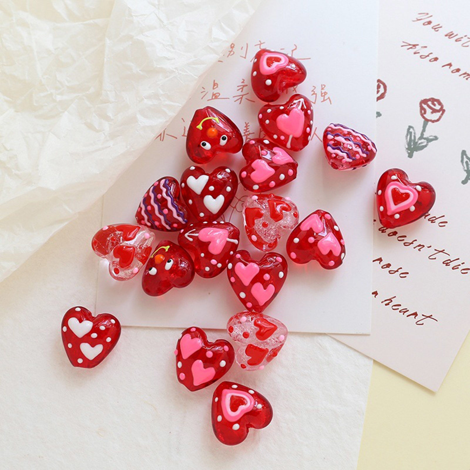 Picture of Lampwork Glass Valentine's Day Beads For DIY Jewelry Making Heart Red Dot Handmade About 20mm x 19mm