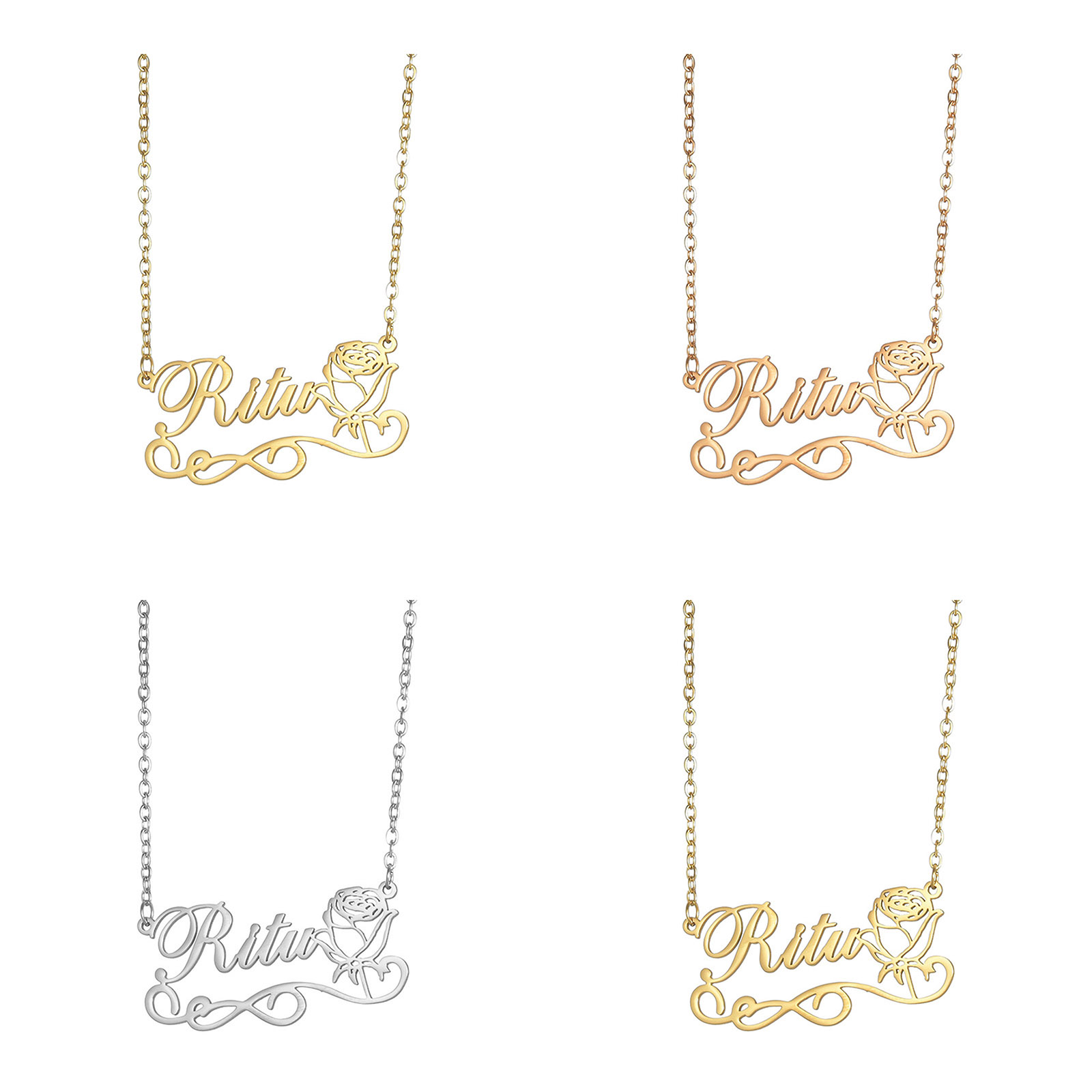 Picture of 304 Stainless Steel Customized Name Necklace Personalized Letter Charm Pendant Rose Flower Multicolor 45cm(17.7") long