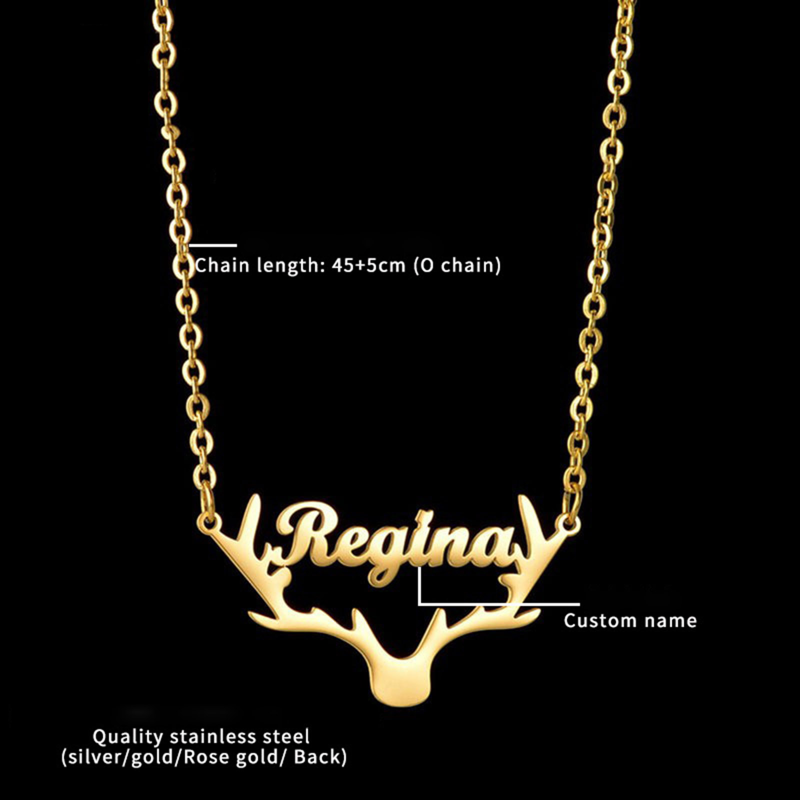 Изображение 1 ШТ 304 Нержавеющая Сталь Индивидуальное имя Ожерелье Персонализированная подвеска с буквой Оленьи рога Разноцветный 45см Длина