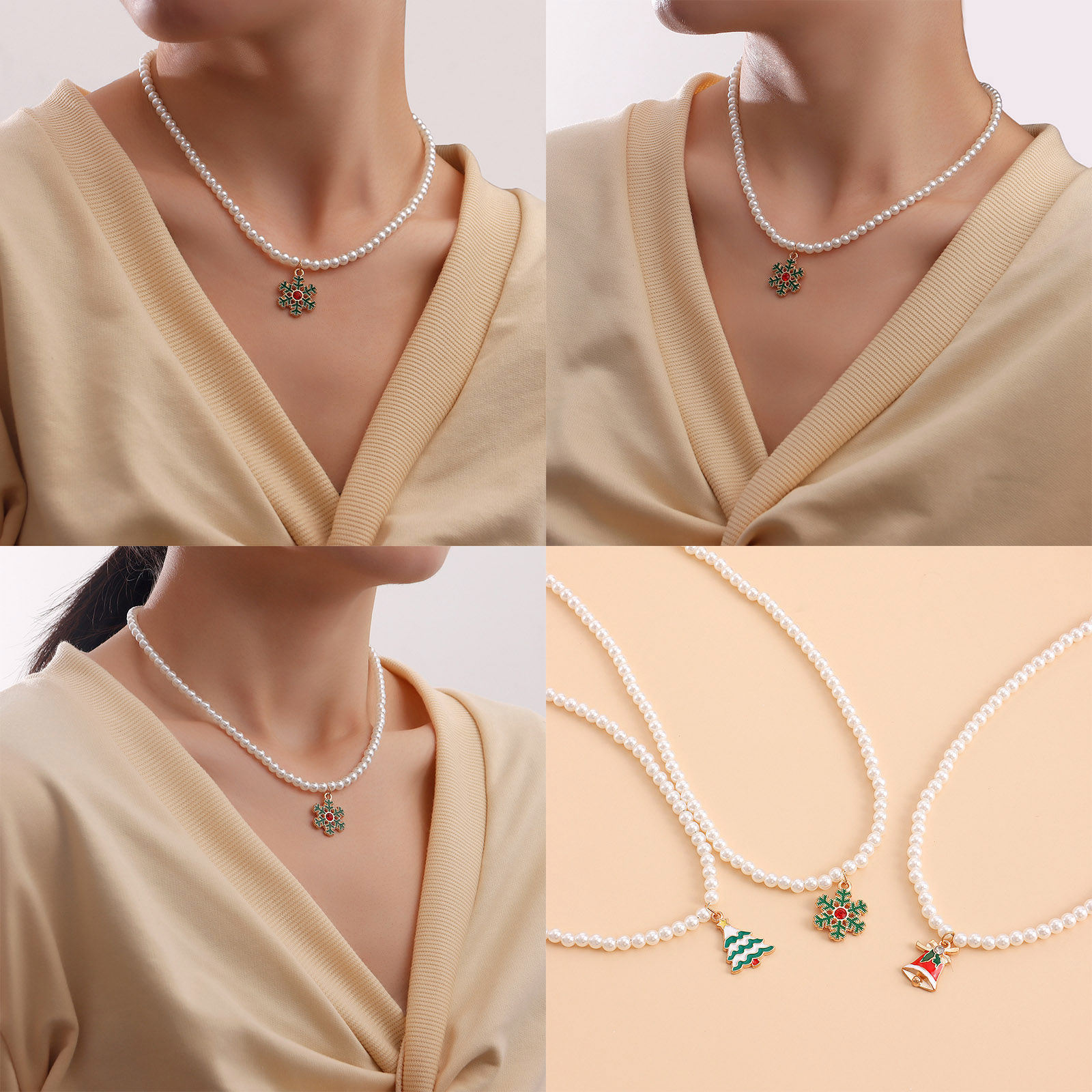 Picture of Stylish Pendant Necklace Gold Plated Christmas Snowflake Christmas Tree Imitation Pearl