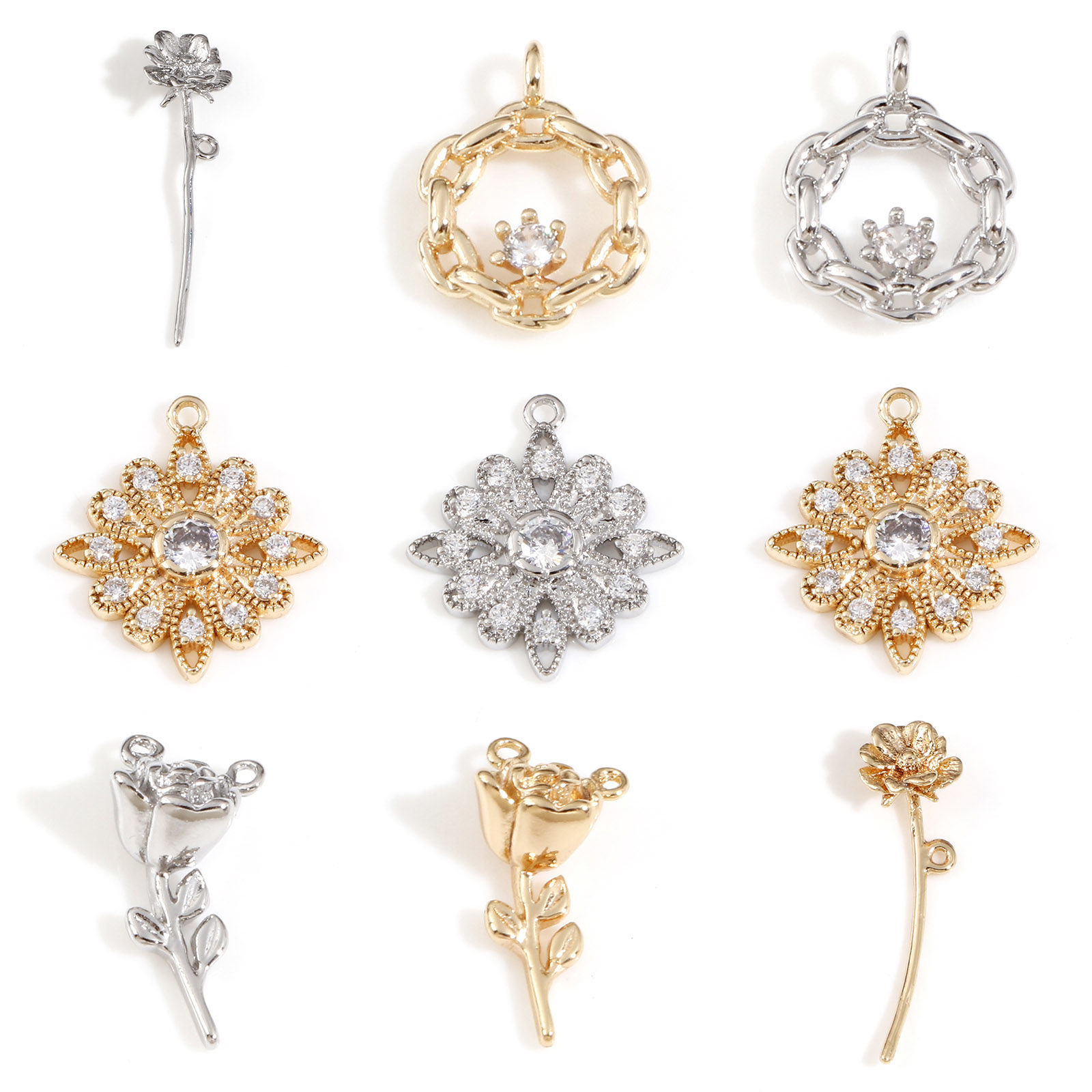 Picture of Brass Charms Real Gold Plated Flower Clear Cubic Zirconia