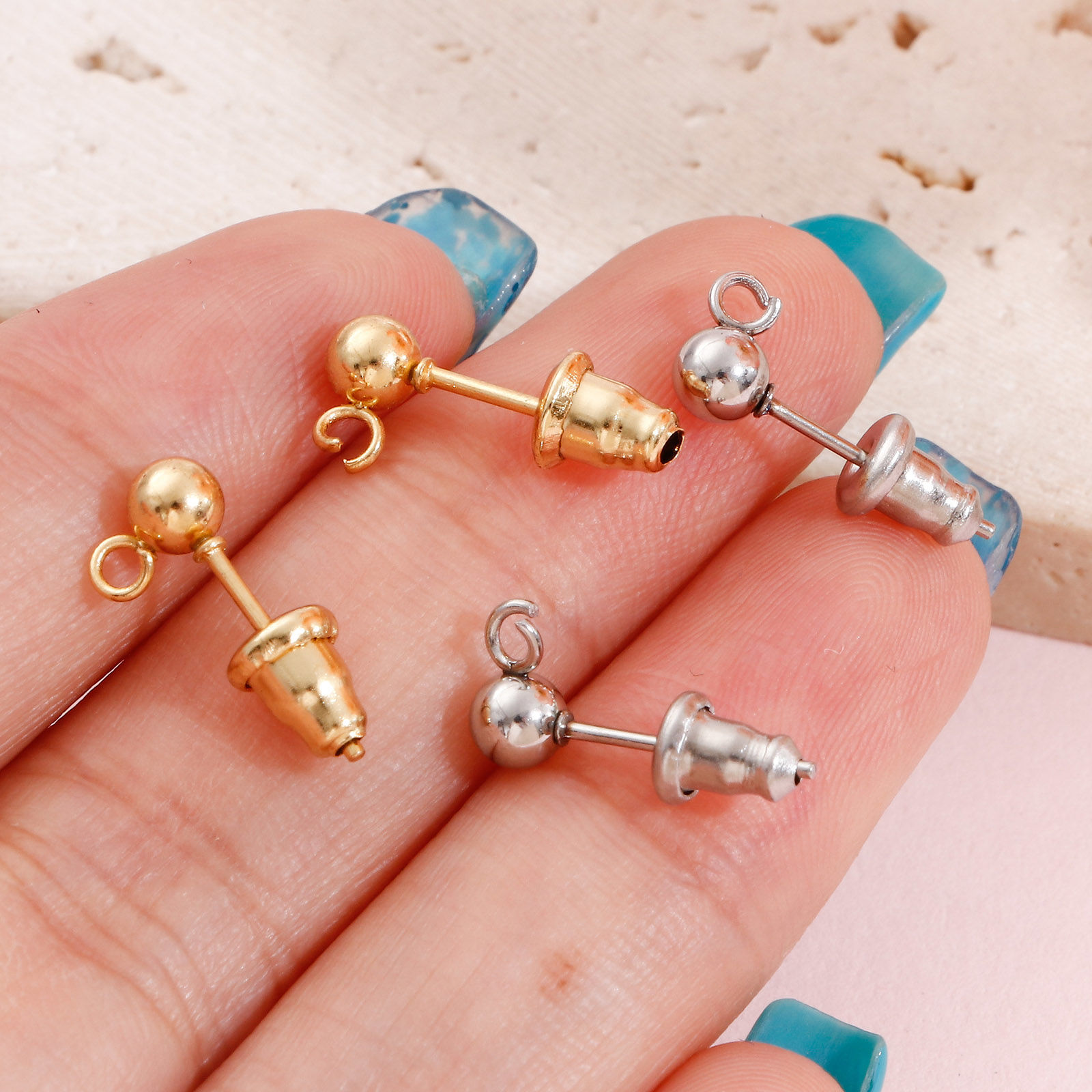 Bild von 304 Edelstahl Ohrstecker-Ohrstecker mit Schlaufenverbinder-Zubehör Rund Mit Stöpsel 10 Stück