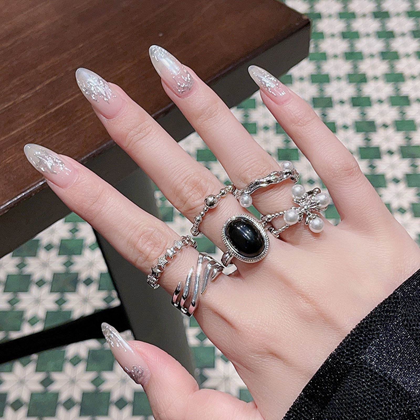 Изображение Латунь Инс Стиль Открытый Кольца Овальные Цветок Имитация жемчуга 1 ШТ