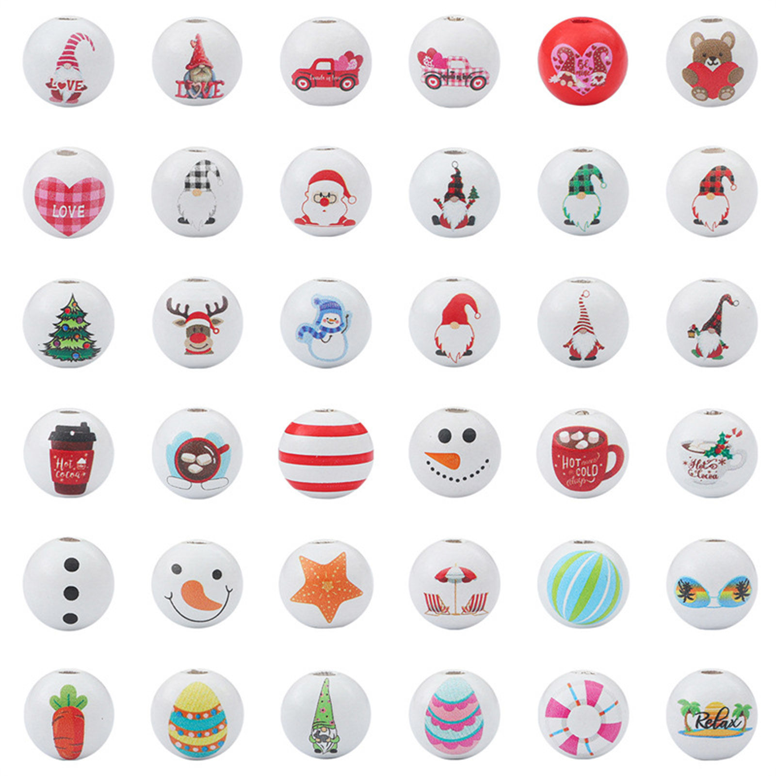 Изображение Деревянные Бисер для изготовления ювелирных украшений "Сделай сам Круглые, Случайный смешанный цвет Рождество 16мм диаметр, Отверстие:примерно 3.5мм, 1 Пакет (примерно 10 ШТ)