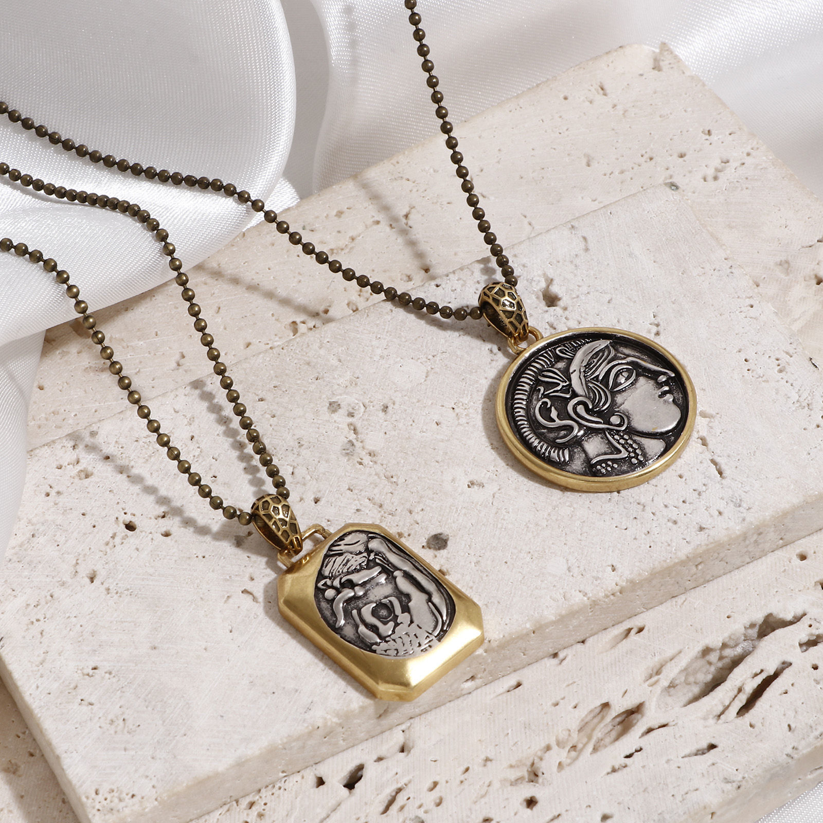 Picture of Brass Coin Charm Pendant Antique Silver Color Antique Bronze Two Tone Head Portrait Double Sided