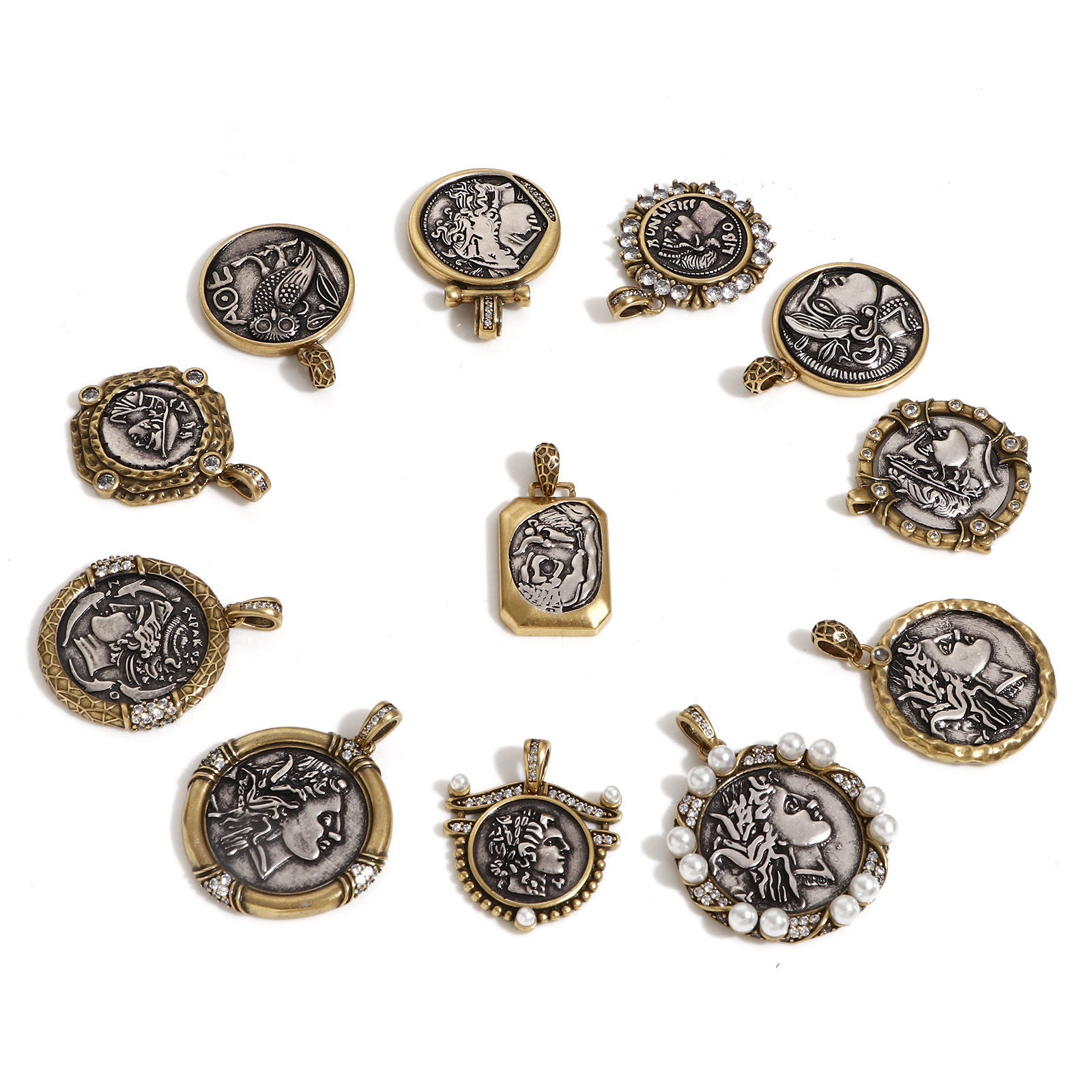 Picture of Brass Coin Charm Pendant Antique Silver Color Antique Bronze Two Tone Head Portrait Double Sided