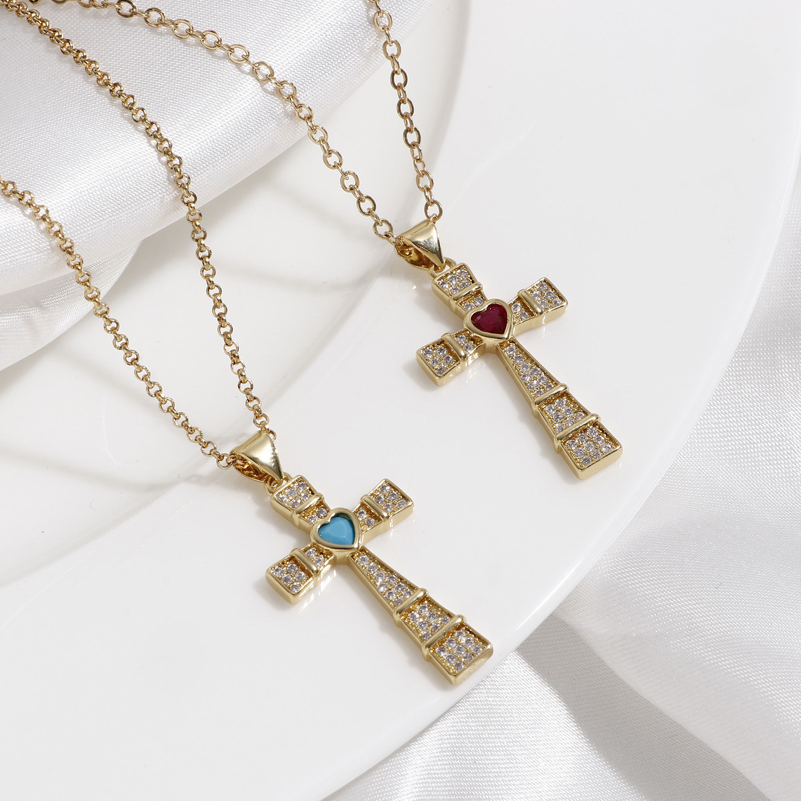 Picture of Brass Religious Pendants 18K Real Gold Plated Cross Heart Micro Pave 3.5cm x 1.7cm