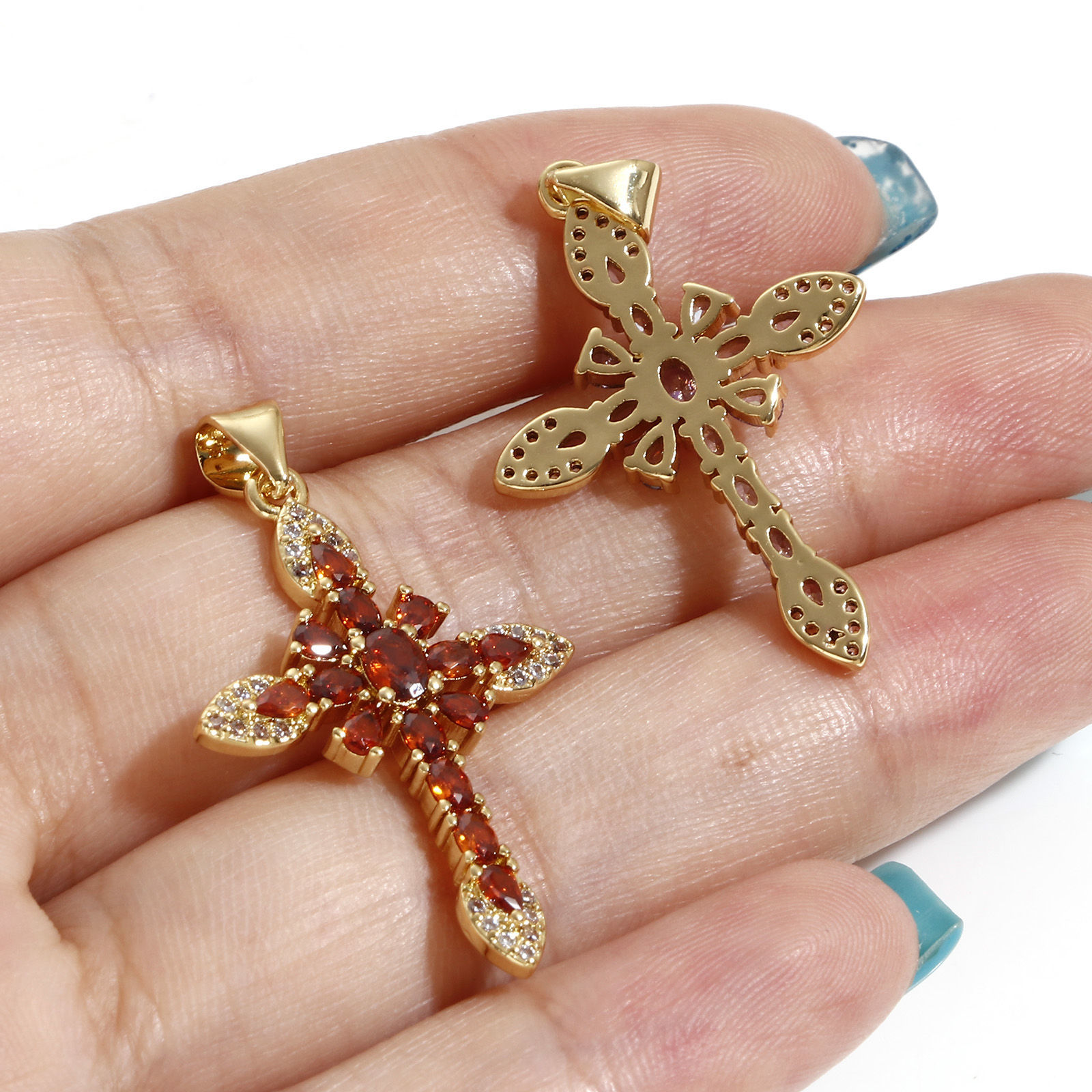 Picture of Brass Religious Pendants 18K Real Gold Plated Cross Multicolour Cubic Zirconia 3.6cm x 2.1cm