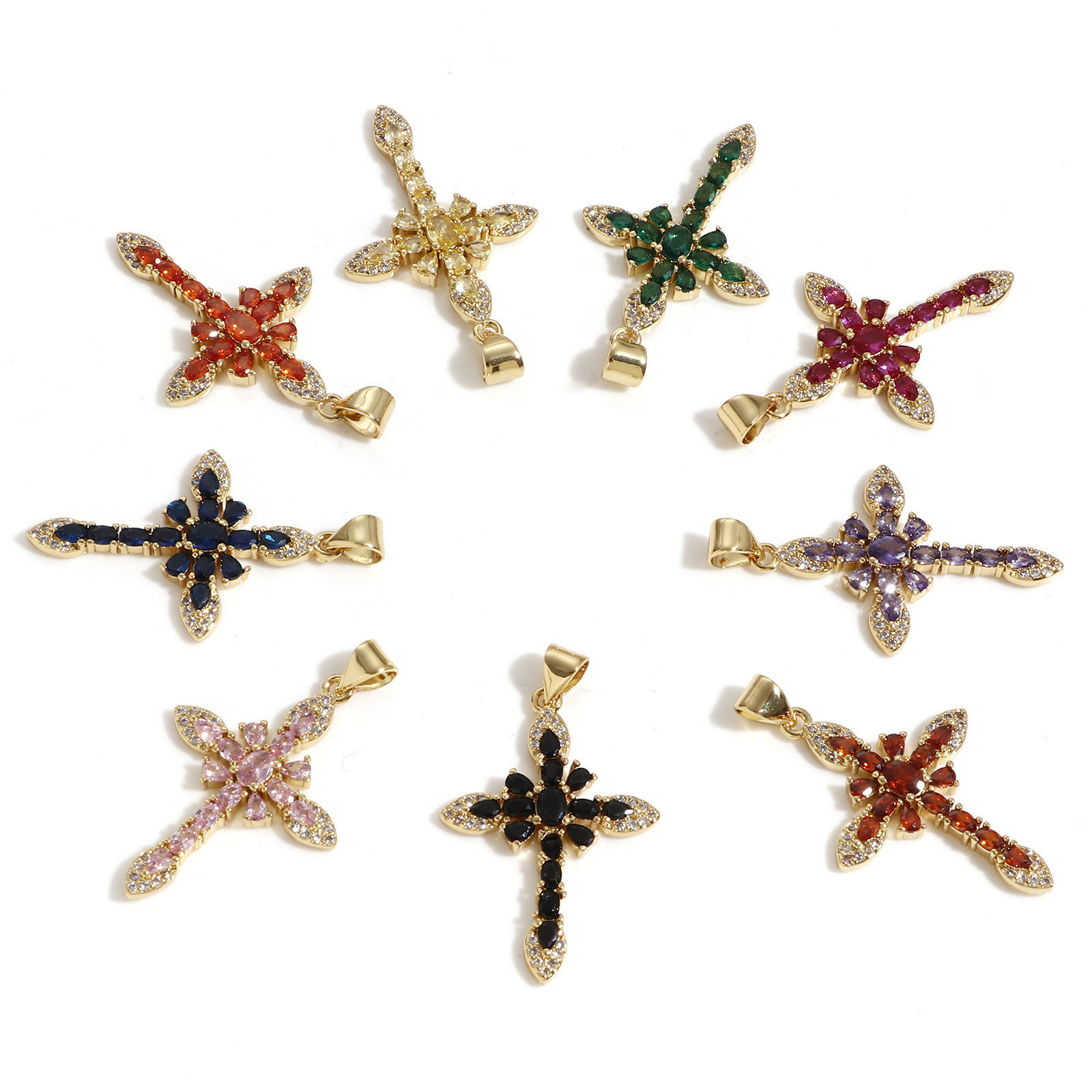Picture of Brass Religious Pendants 18K Real Gold Plated Cross Multicolour Cubic Zirconia 3.6cm x 2.1cm
