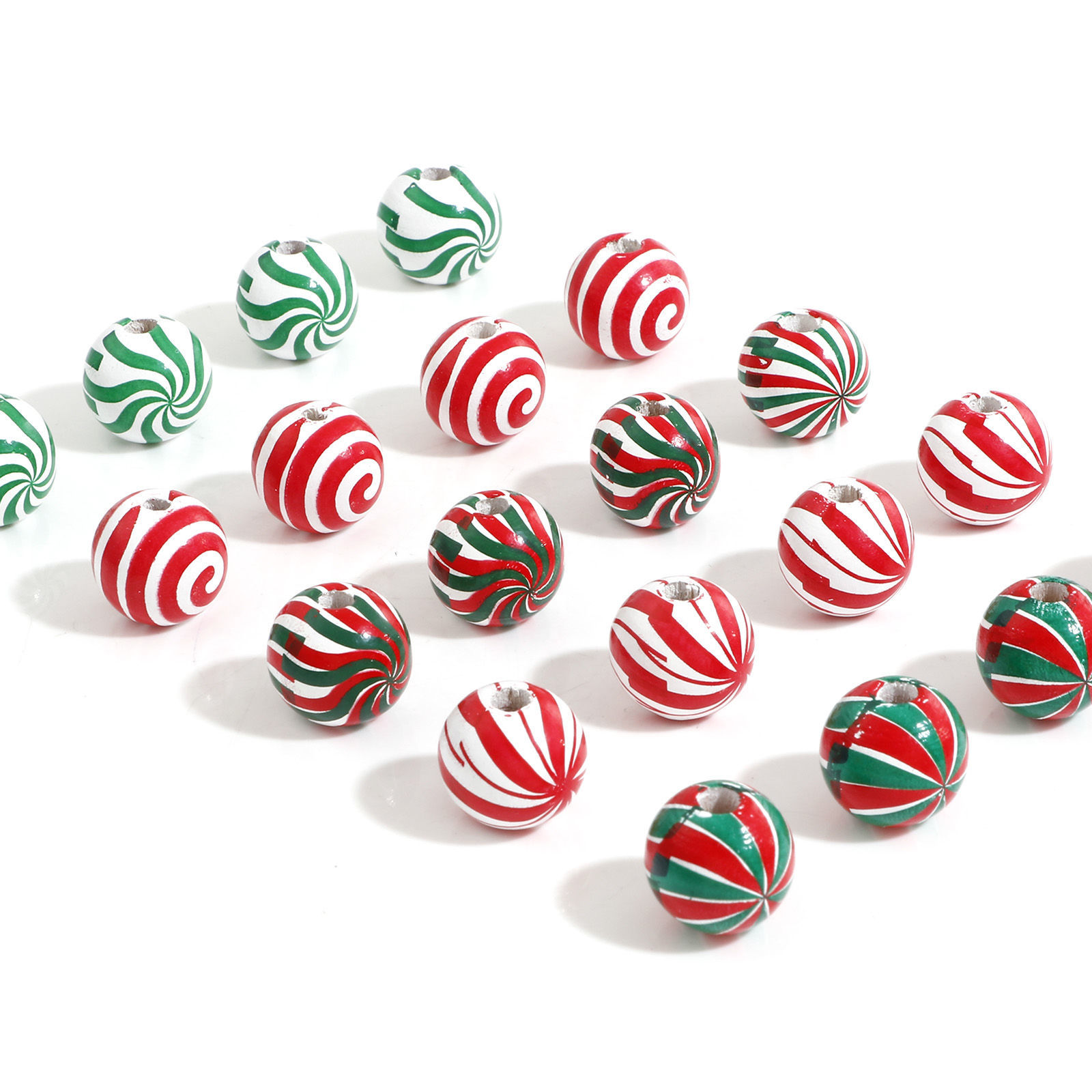 Изображение Деревянные Рождество Бисер для изготовления ювелирных украшений "Сделай сам Круглые, Разноцветный Спираль 16мм диаметр, Отверстие:примерно 3.5мм, 20 ШТ