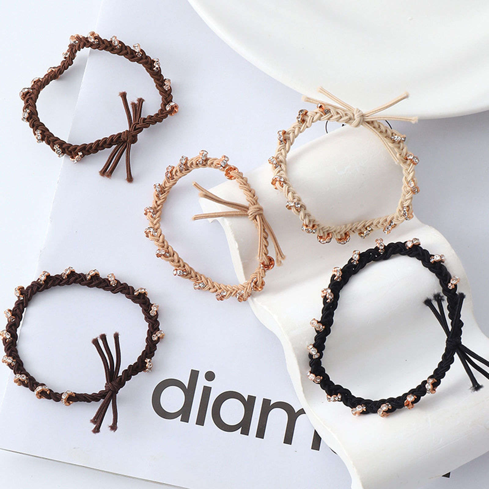 Picture of Polyester Stylish Ponytail Holder Hair Ties Band Scrunchies Multicolor Braided Weave Textured Elastic Clear Rhinestone