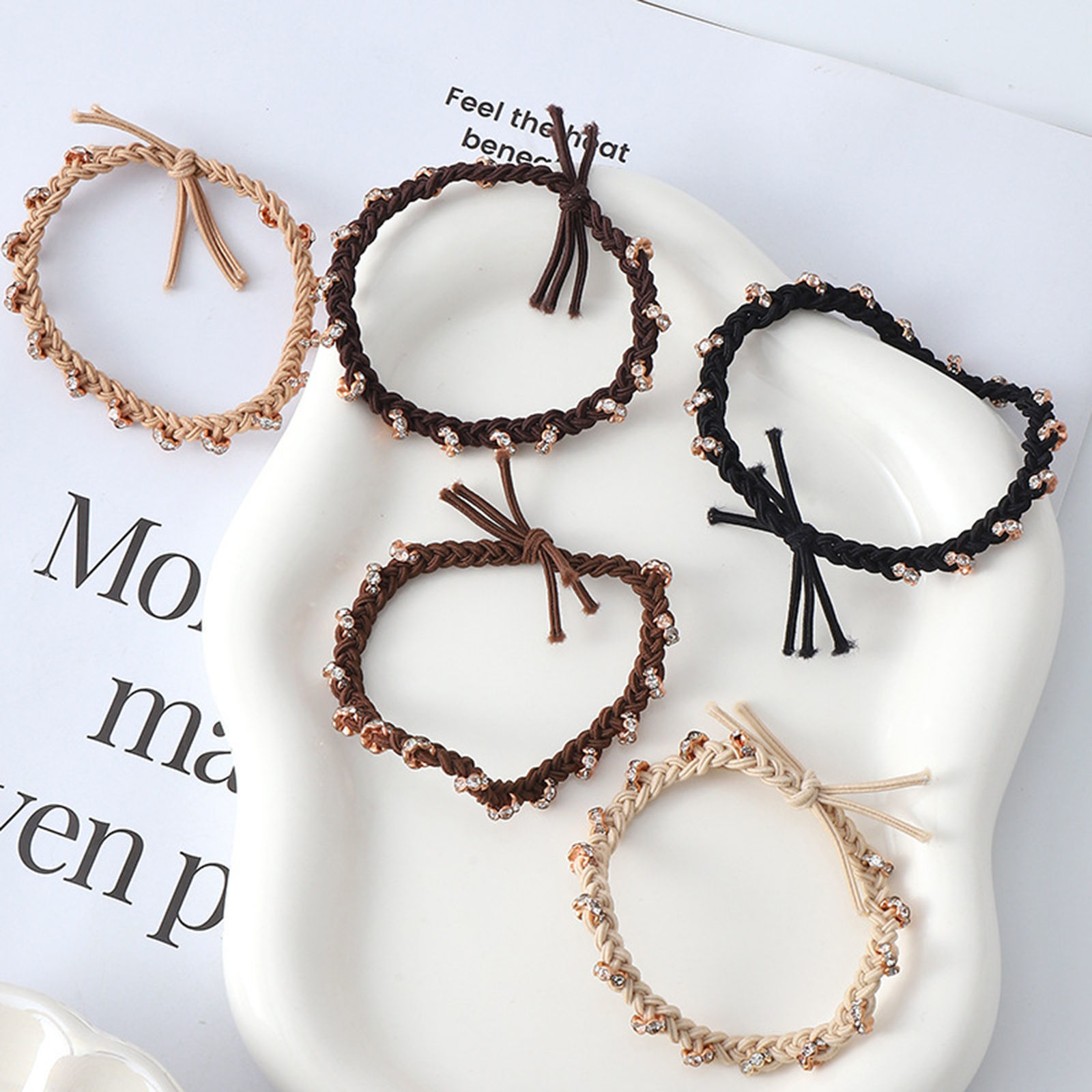 Picture of Polyester Stylish Ponytail Holder Hair Ties Band Scrunchies Multicolor Braided Weave Textured Elastic Clear Rhinestone