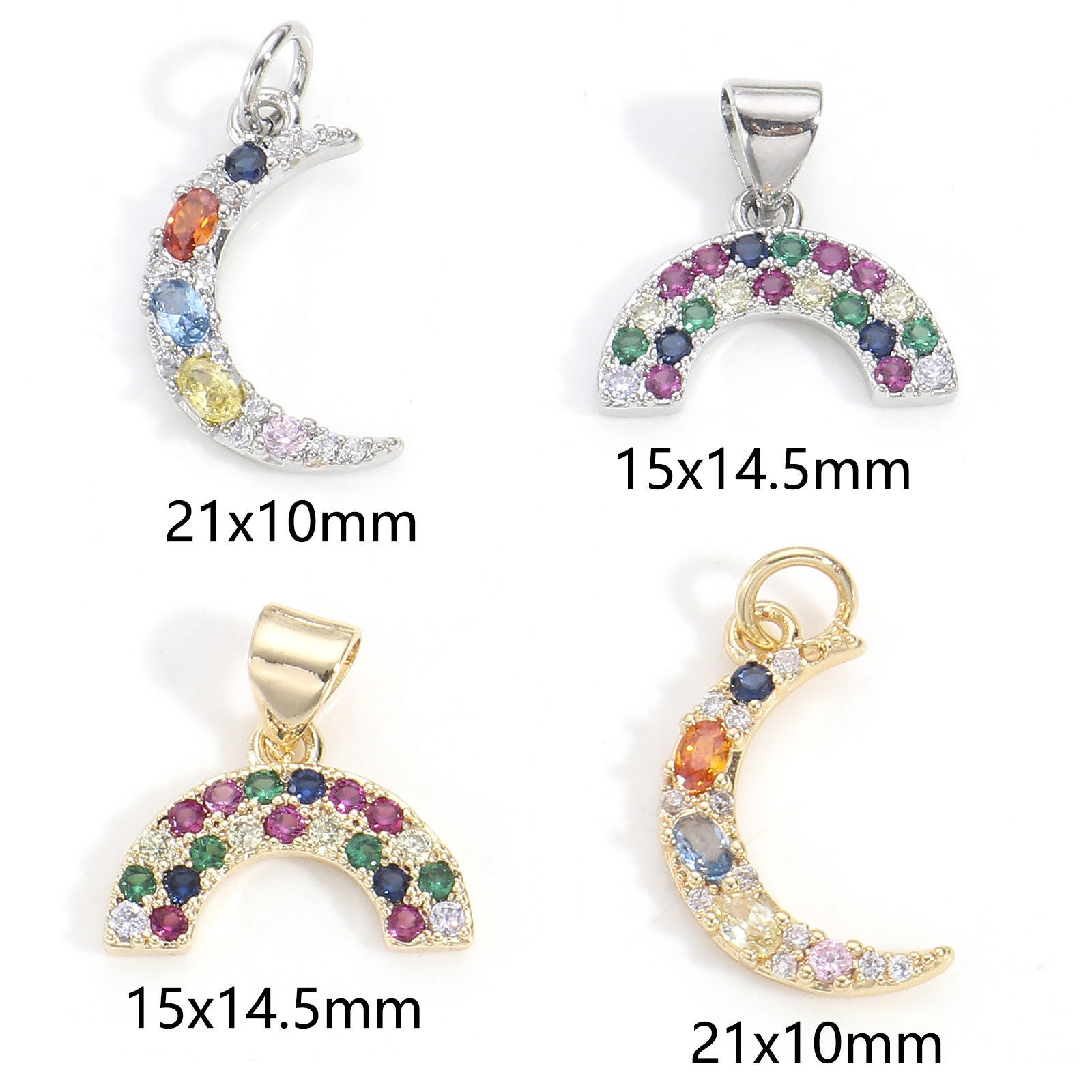 Imagen de Latón Colgantes Charms Luna Media Oro Real Chapado Arco Iris Micro Pave Multicolor Circón Artificial 2 Unidades