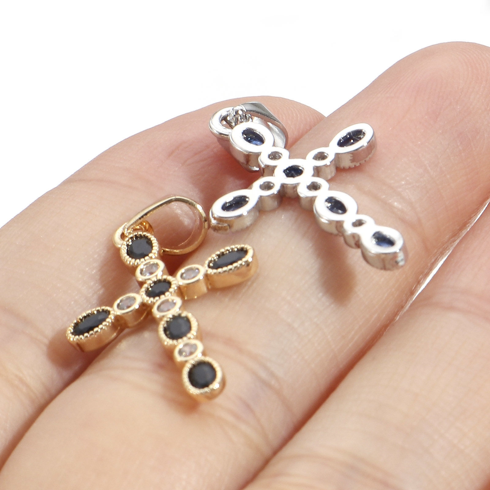 Bild von 1 Stück Messing Religiös Charm-Anhänger Echtgold plattiert Kreuz Bunt Zirkonia 27mm x 14mm