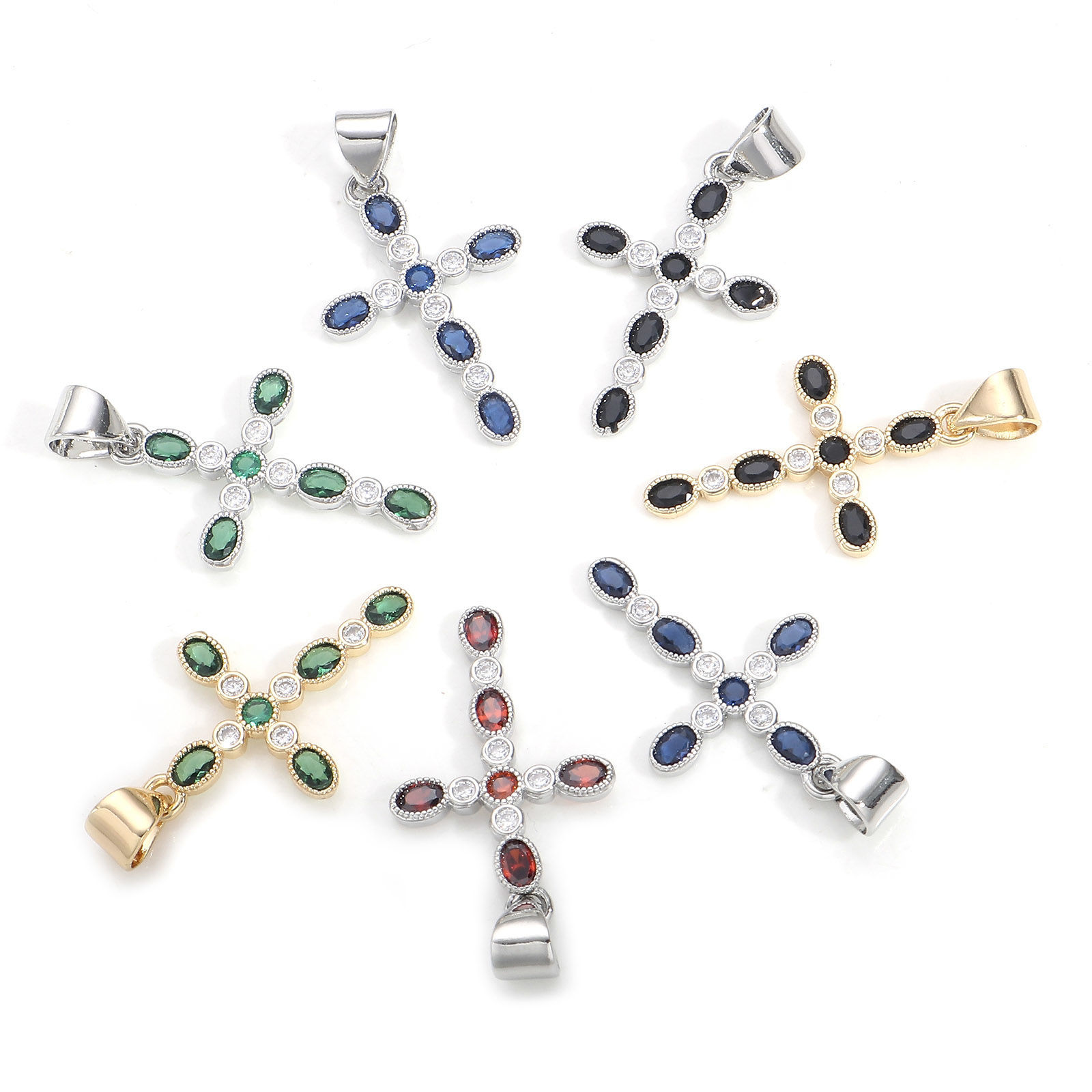 Bild von 1 Stück Messing Religiös Charm-Anhänger Echtgold plattiert Kreuz Bunt Zirkonia 27mm x 14mm