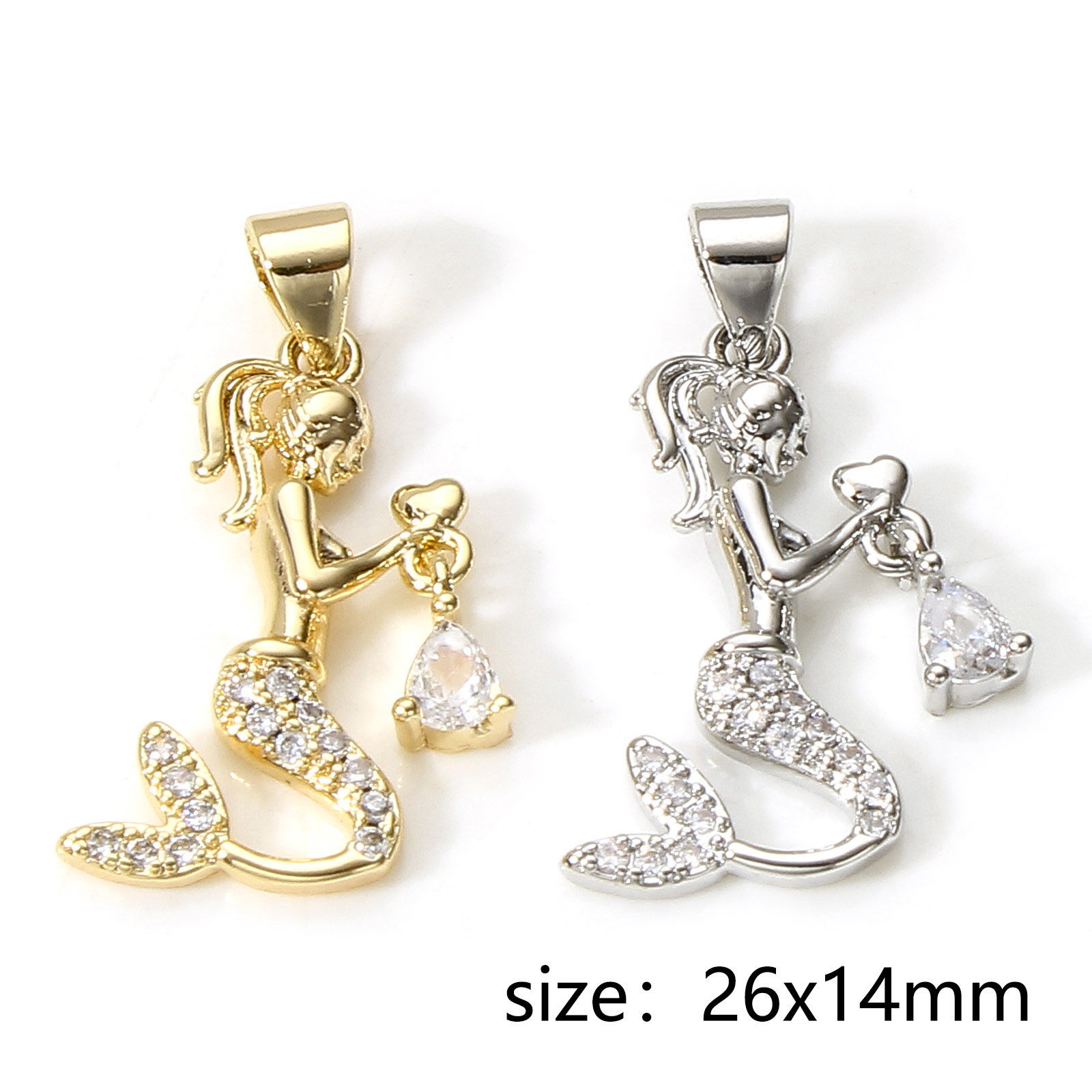 Picture of Brass Fairy Tale Collection Charm Pendant Real Gold Plated Mermaid Micro Pave Clear Cubic Zirconia 26mm x 14mm