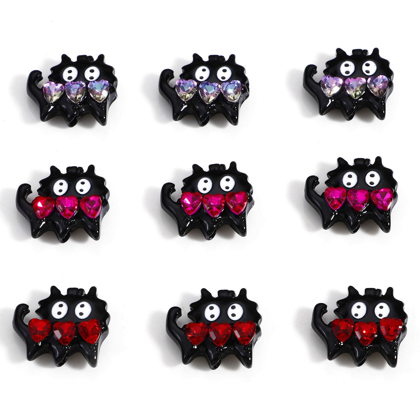 Picture of Zinc Based Alloy Spacer Beads For DIY Jewelry Making Black Cat Animal Multicolor Rhinestone Enamel About 17mm x 16mm