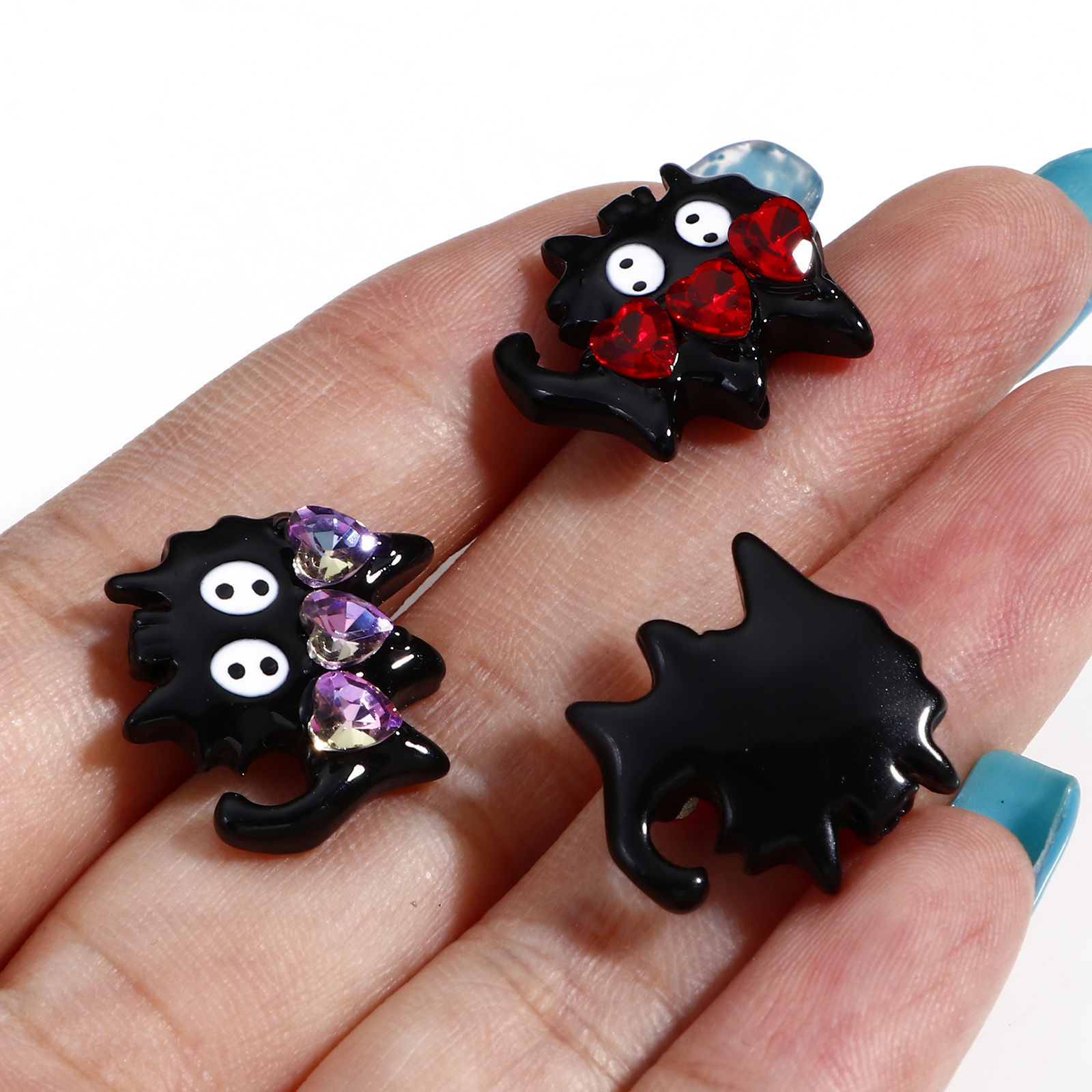 Picture of Zinc Based Alloy Spacer Beads For DIY Jewelry Making Black Cat Animal Multicolor Rhinestone Enamel About 17mm x 16mm