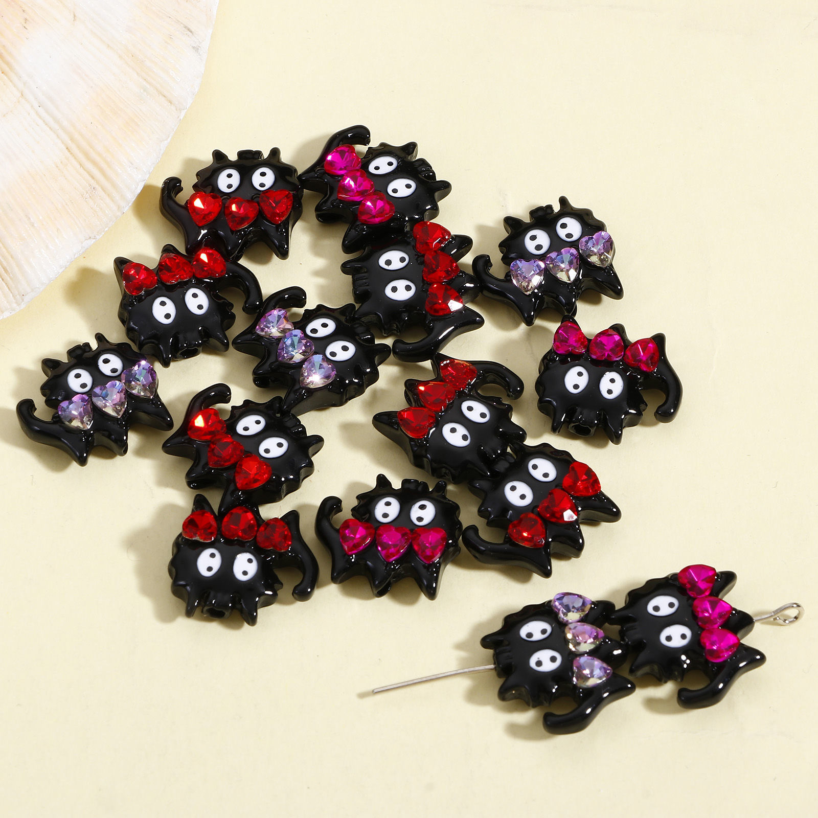 Picture of Zinc Based Alloy Spacer Beads For DIY Jewelry Making Black Cat Animal Multicolor Rhinestone Enamel About 17mm x 16mm