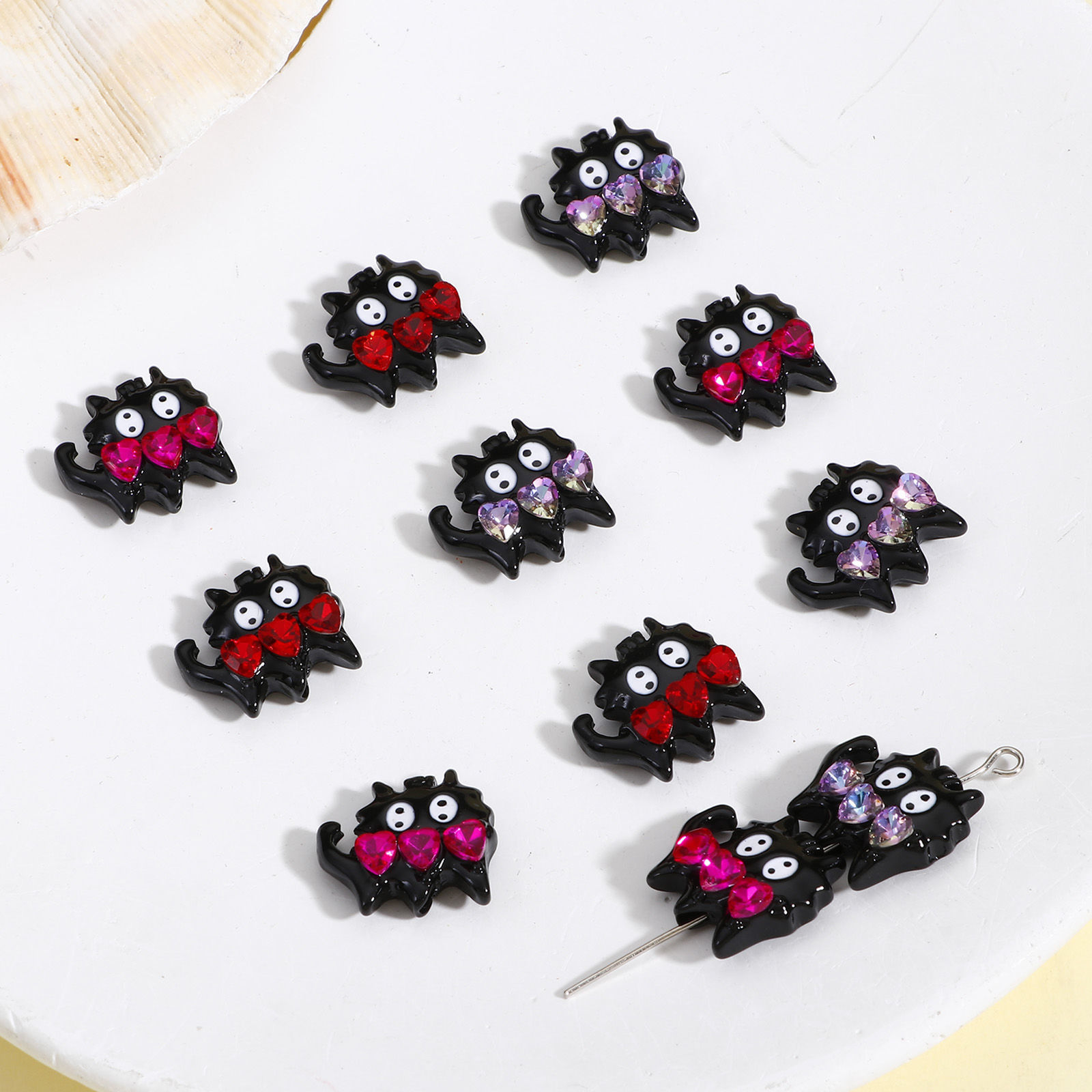 Picture of Zinc Based Alloy Spacer Beads For DIY Jewelry Making Black Cat Animal Multicolor Rhinestone Enamel About 17mm x 16mm