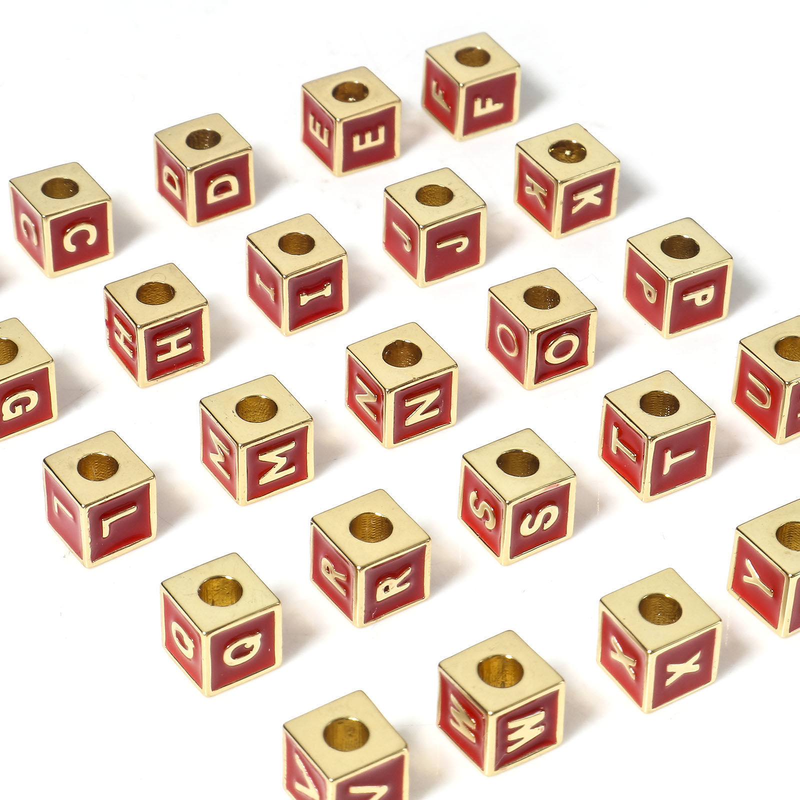 Picture of Brass Simple Beads For DIY Jewelry Making 18K Real Gold Plated Multicolor Cube Initial Alphabet/ Capital Letter Enamel Message " A-Z "