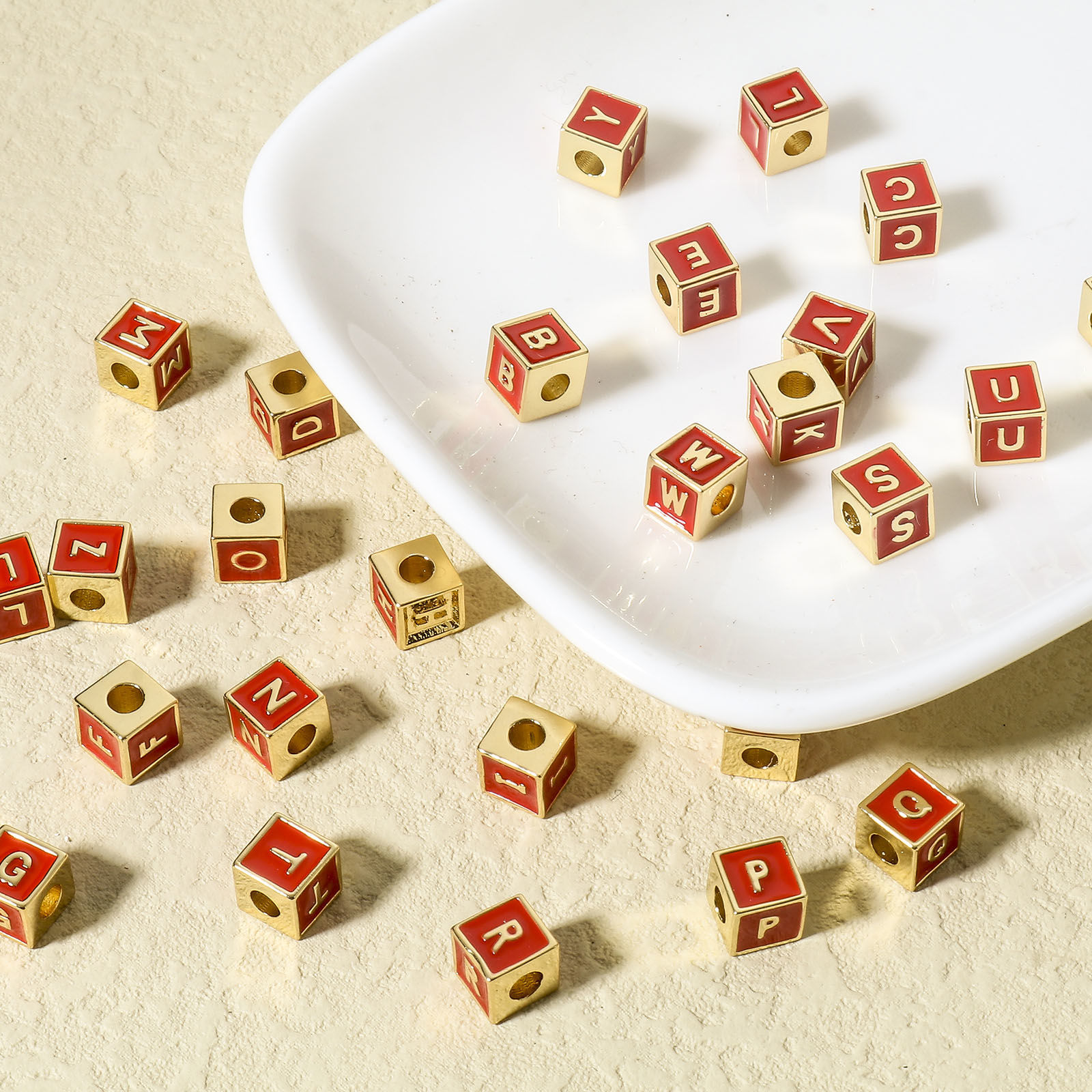 Picture of Brass Simple Beads For DIY Jewelry Making 18K Real Gold Plated Multicolor Cube Initial Alphabet/ Capital Letter Enamel Message " A-Z "