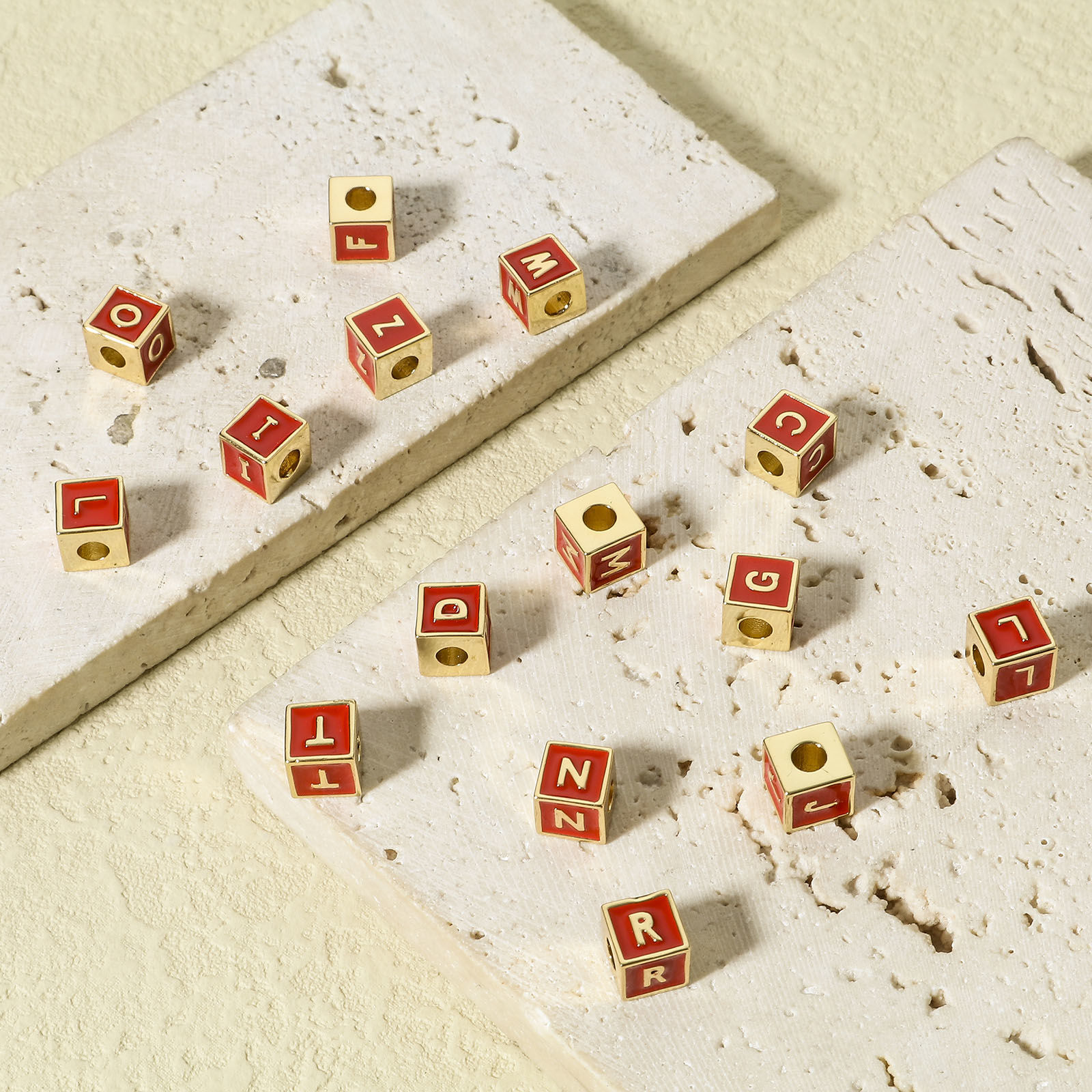 Picture of Brass Simple Beads For DIY Jewelry Making 18K Real Gold Plated Multicolor Cube Initial Alphabet/ Capital Letter Enamel Message " A-Z "
