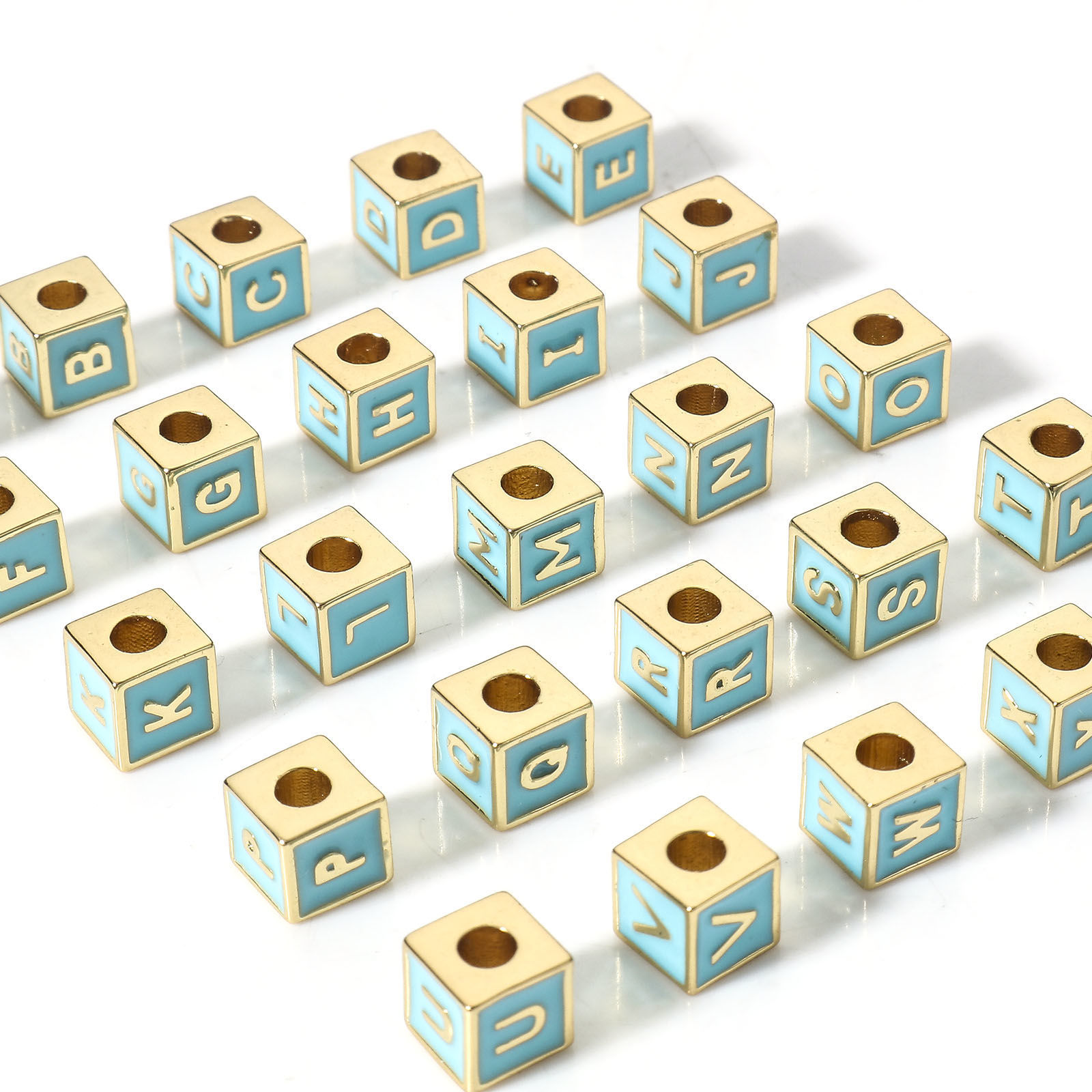 Picture of Brass Simple Beads For DIY Jewelry Making 18K Real Gold Plated Multicolor Cube Initial Alphabet/ Capital Letter Enamel Message " A-Z "