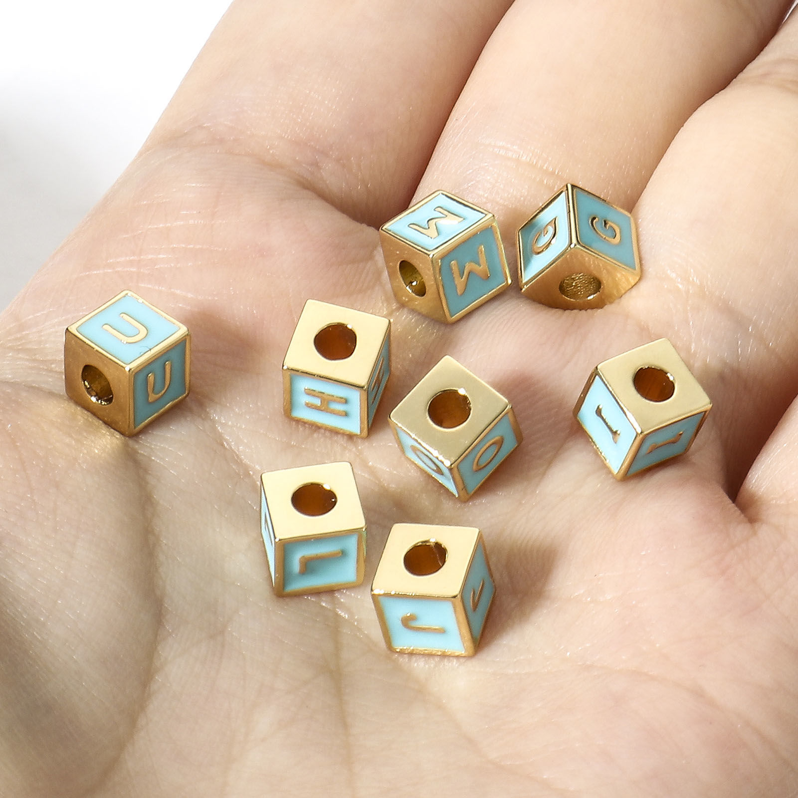 Picture of Brass Simple Beads For DIY Jewelry Making 18K Real Gold Plated Multicolor Cube Initial Alphabet/ Capital Letter Enamel Message " A-Z "