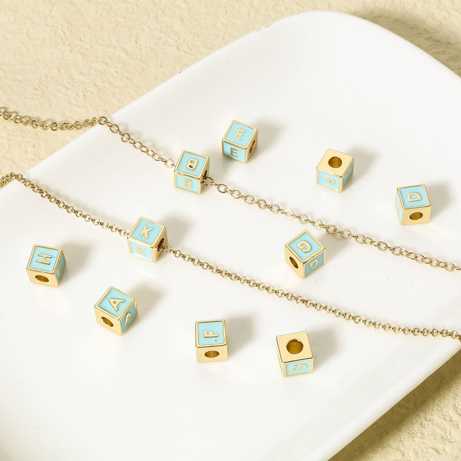 Picture of Brass Simple Beads For DIY Jewelry Making 18K Real Gold Plated Multicolor Cube Initial Alphabet/ Capital Letter Enamel Message " A-Z "