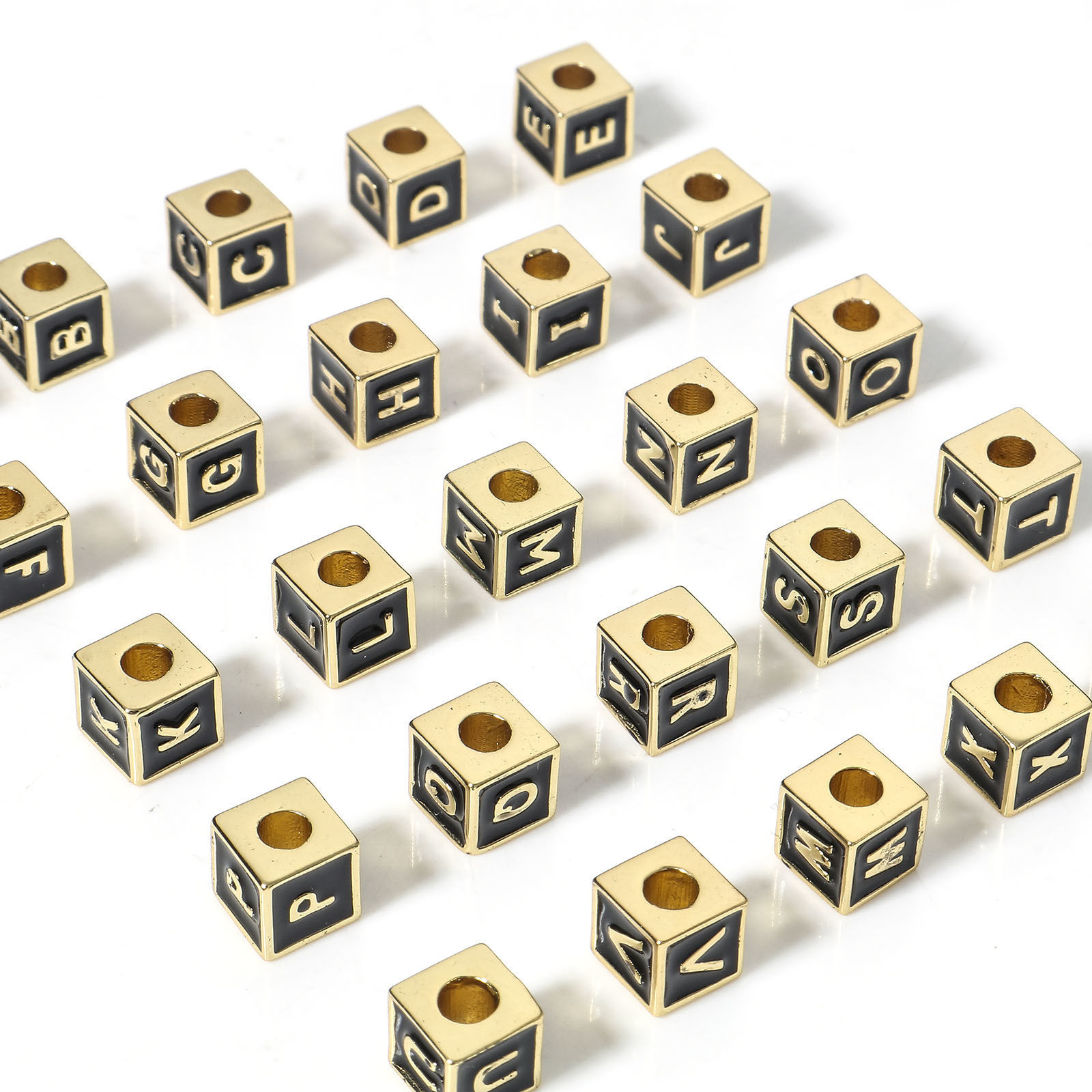 Picture of Brass Simple Beads For DIY Jewelry Making 18K Real Gold Plated Multicolor Cube Initial Alphabet/ Capital Letter Enamel Message " A-Z "