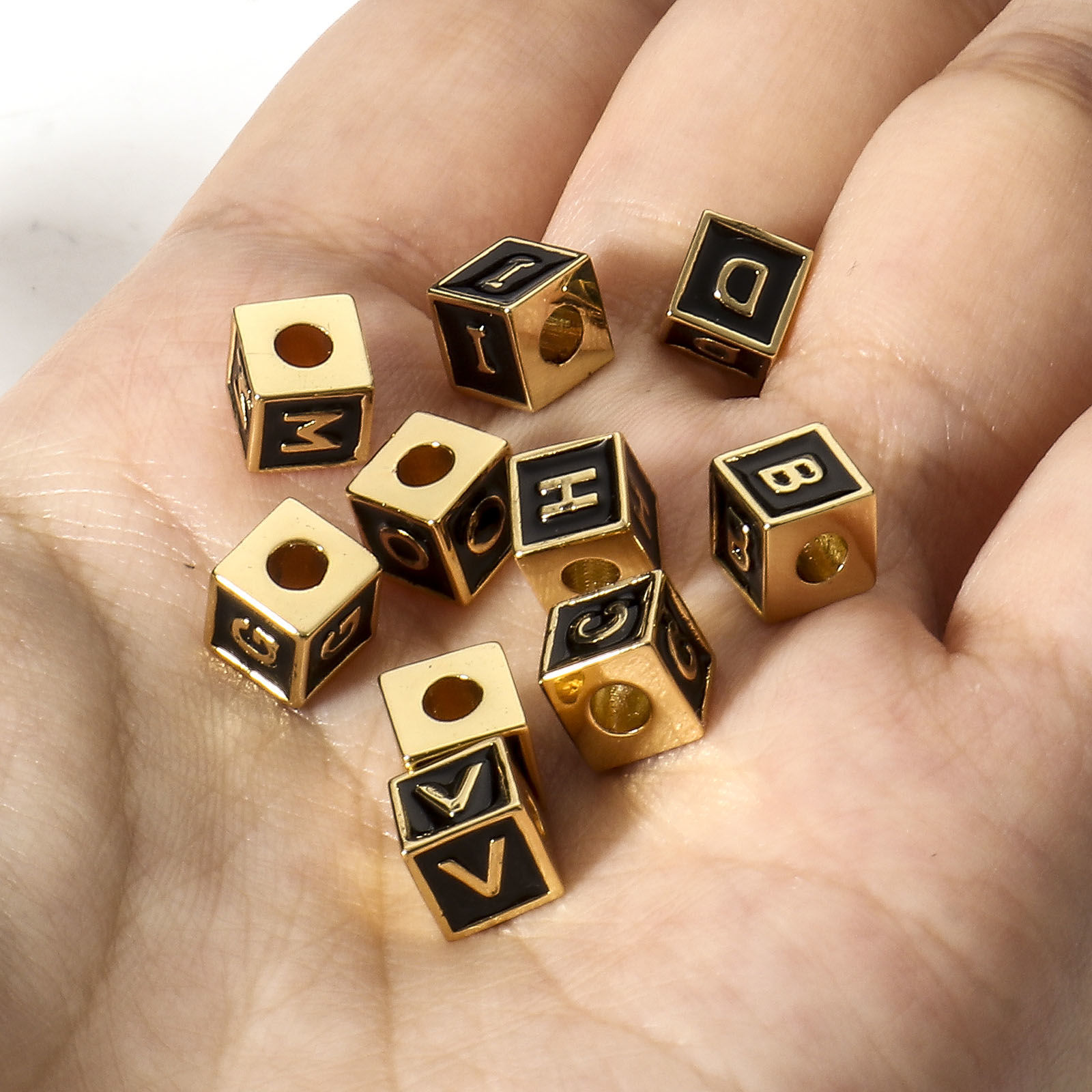 Picture of Brass Simple Beads For DIY Jewelry Making 18K Real Gold Plated Multicolor Cube Initial Alphabet/ Capital Letter Enamel Message " A-Z "