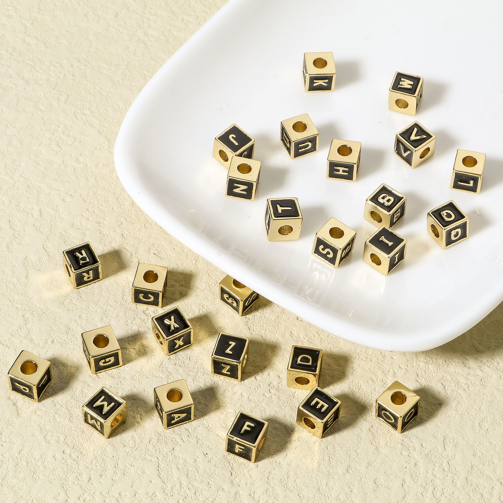 Picture of Brass Simple Beads For DIY Jewelry Making 18K Real Gold Plated Multicolor Cube Initial Alphabet/ Capital Letter Enamel Message " A-Z "