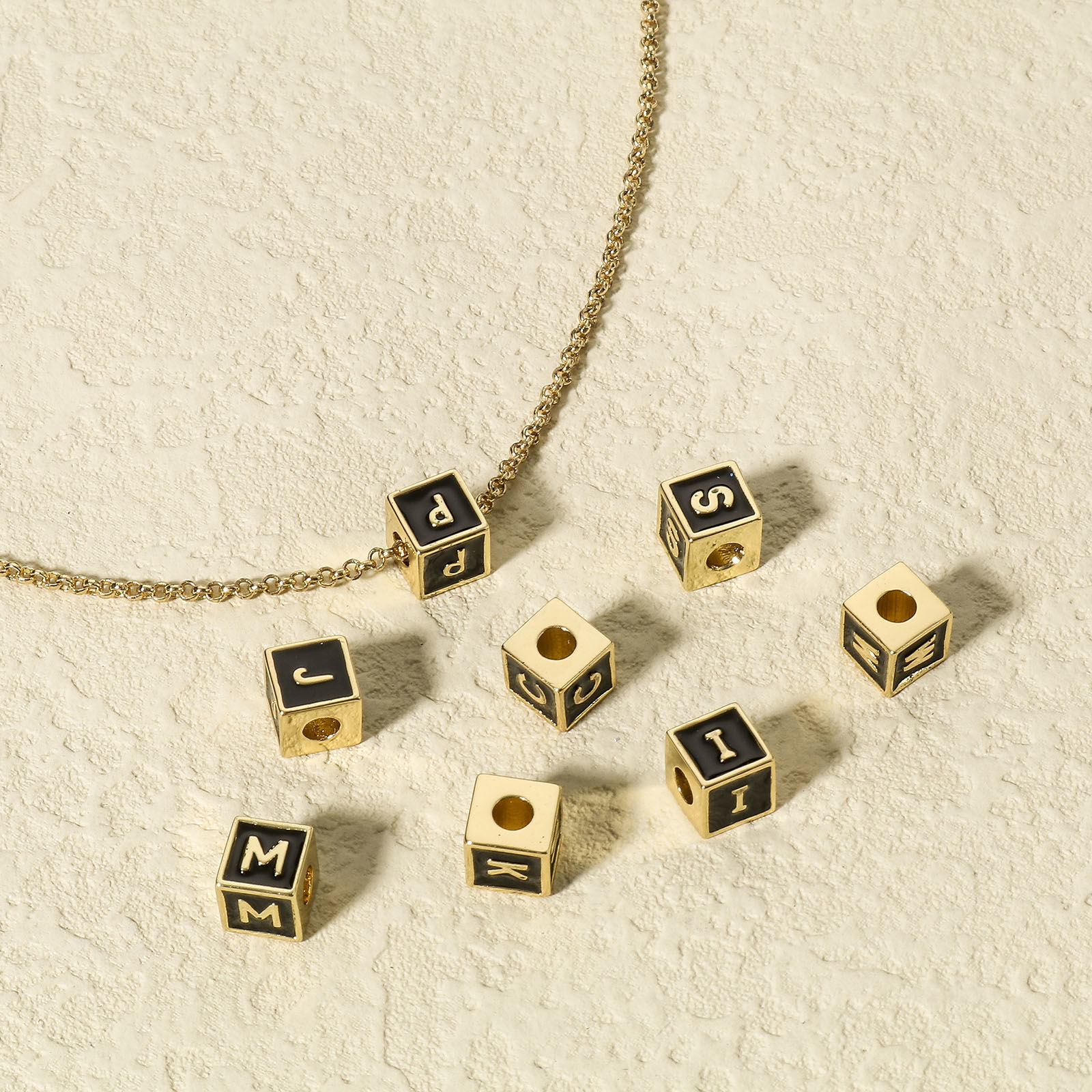 Picture of Brass Simple Beads For DIY Jewelry Making 18K Real Gold Plated Multicolor Cube Initial Alphabet/ Capital Letter Enamel Message " A-Z "
