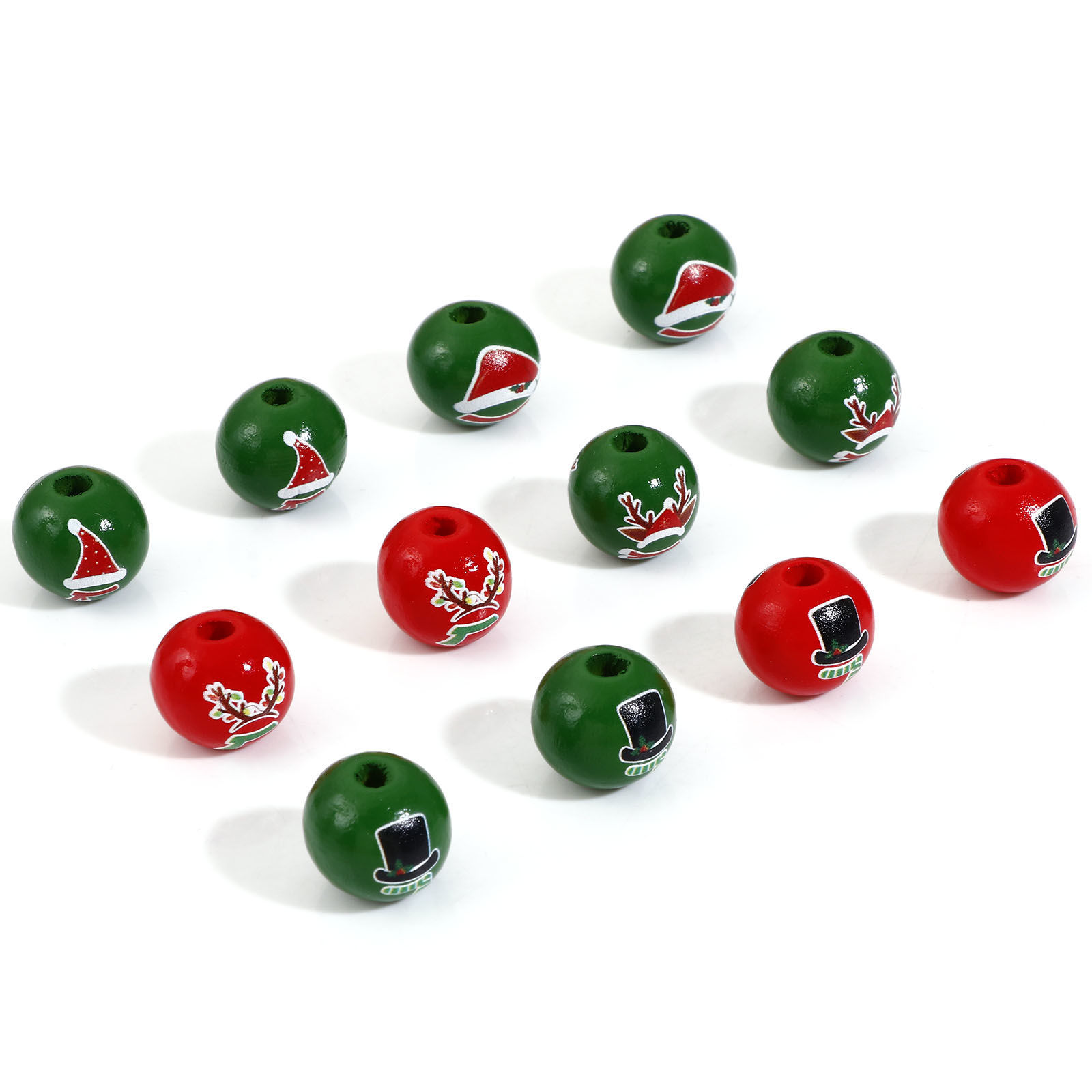 Picture of Natural Wood Spacer Beads For DIY Jewelry Making Round Multicolor Christmas Hats About 16mm Dia.