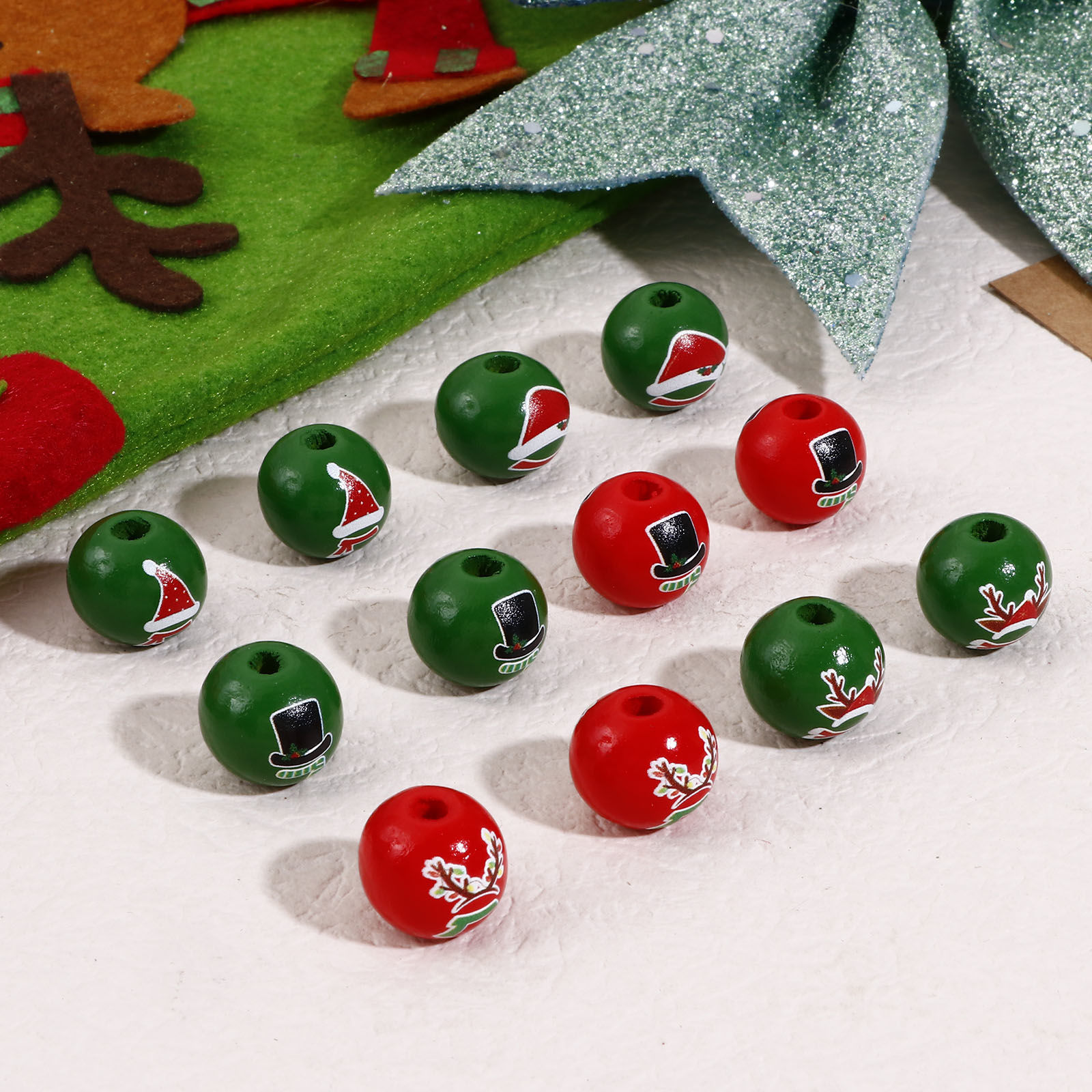 Picture of Natural Wood Spacer Beads For DIY Jewelry Making Round Multicolor Christmas Hats About 16mm Dia.