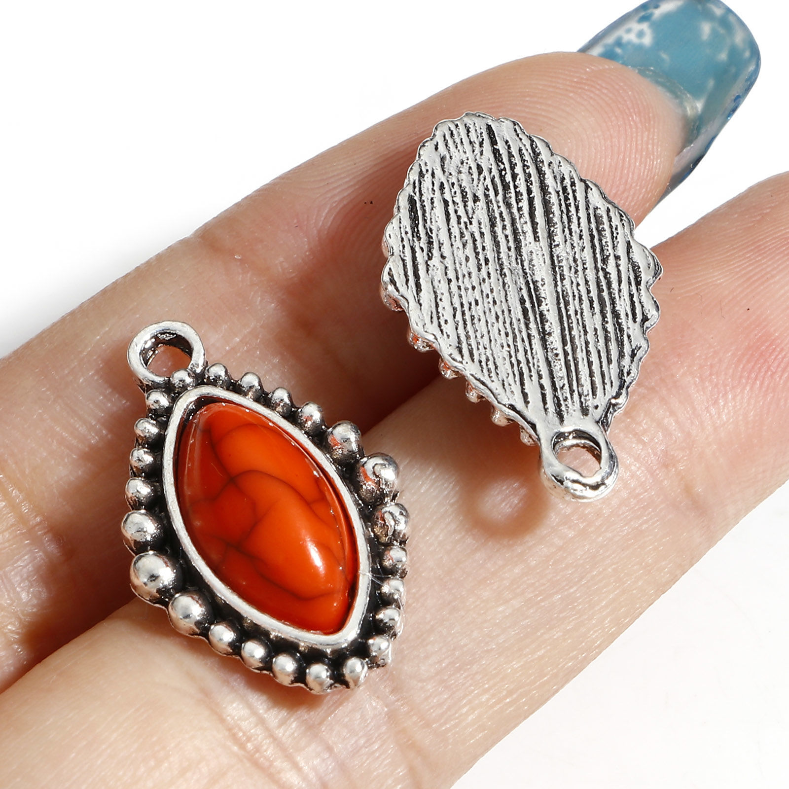 Picture of Zinc Based Alloy Boho Chic Bohemia Charms Antique Silver Color Multicolor Marquise With Resin Cabochons Imitation Turquoise 23mm x 14mm