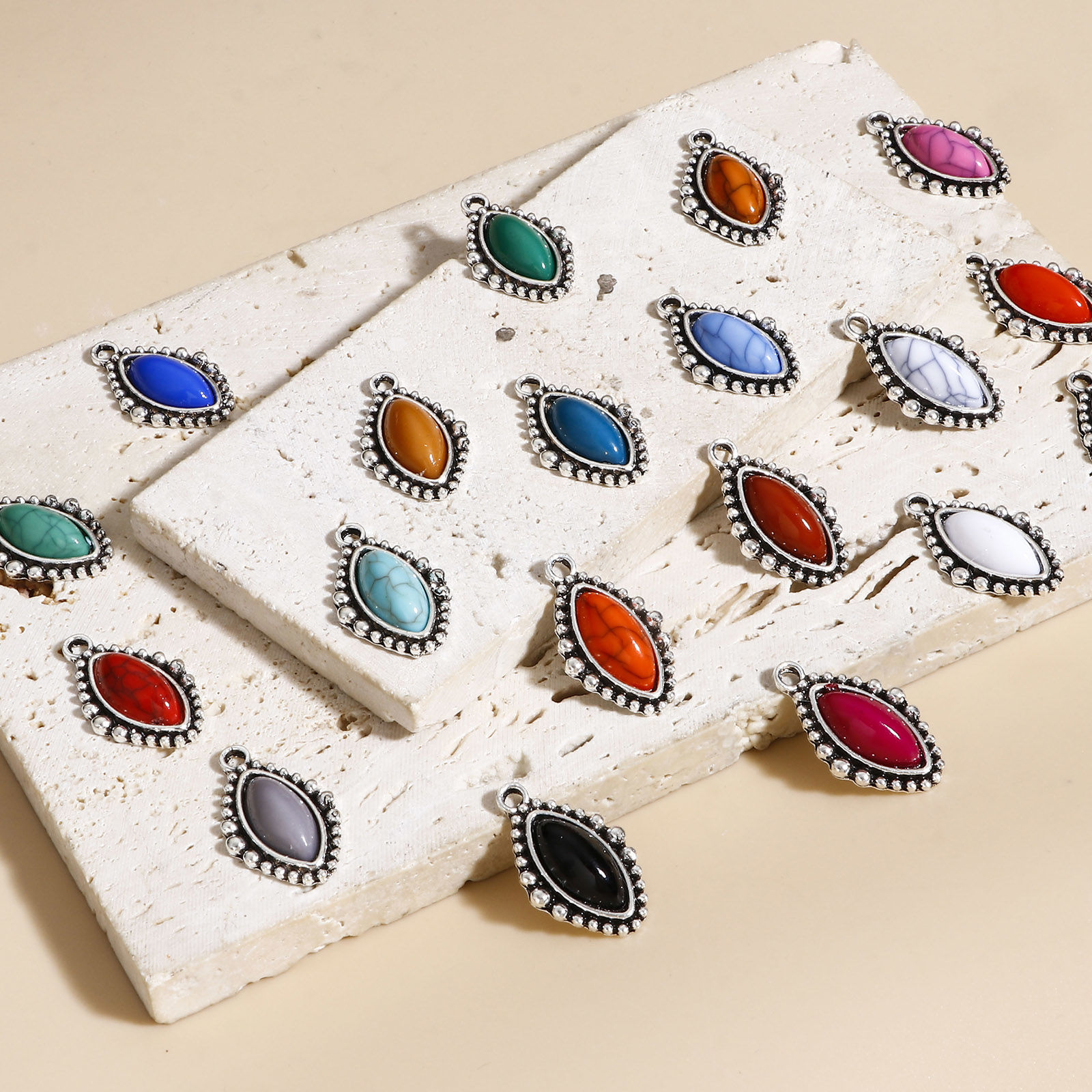 Picture of Zinc Based Alloy Boho Chic Bohemia Charms Antique Silver Color Multicolor Marquise With Resin Cabochons Imitation Turquoise 23mm x 14mm