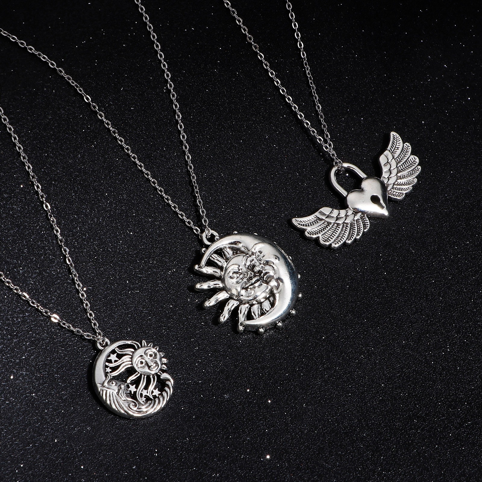 Picture of Zinc Based Alloy Pendants Antique Silver Color Wing Sun And Moon Face