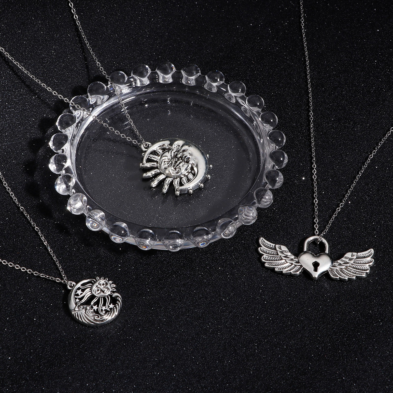 Picture of Zinc Based Alloy Pendants Antique Silver Color Wing Sun And Moon Face