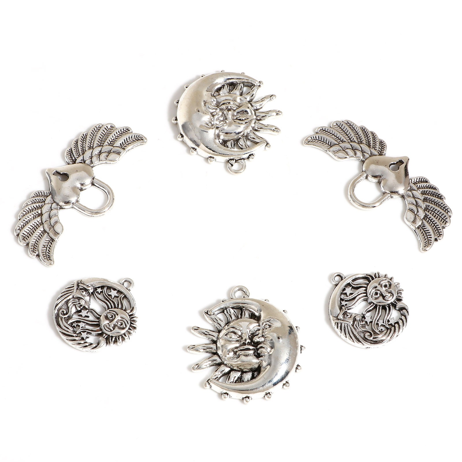Picture of Zinc Based Alloy Pendants Antique Silver Color Wing Sun And Moon Face