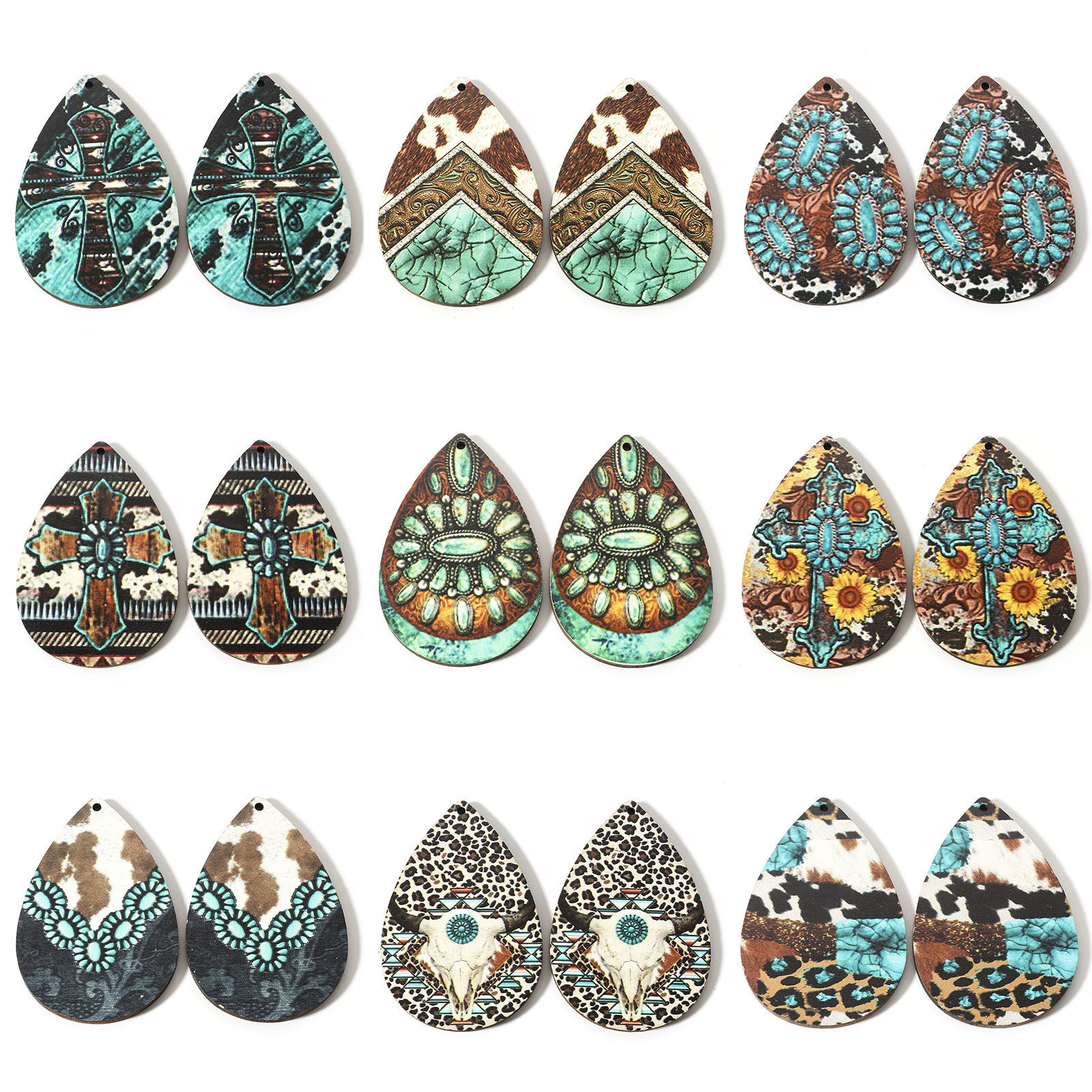 ウッド ボヘミアン ペンダント 多色 滴 ドロップ 6cm x 4cm、 10 個 の画像