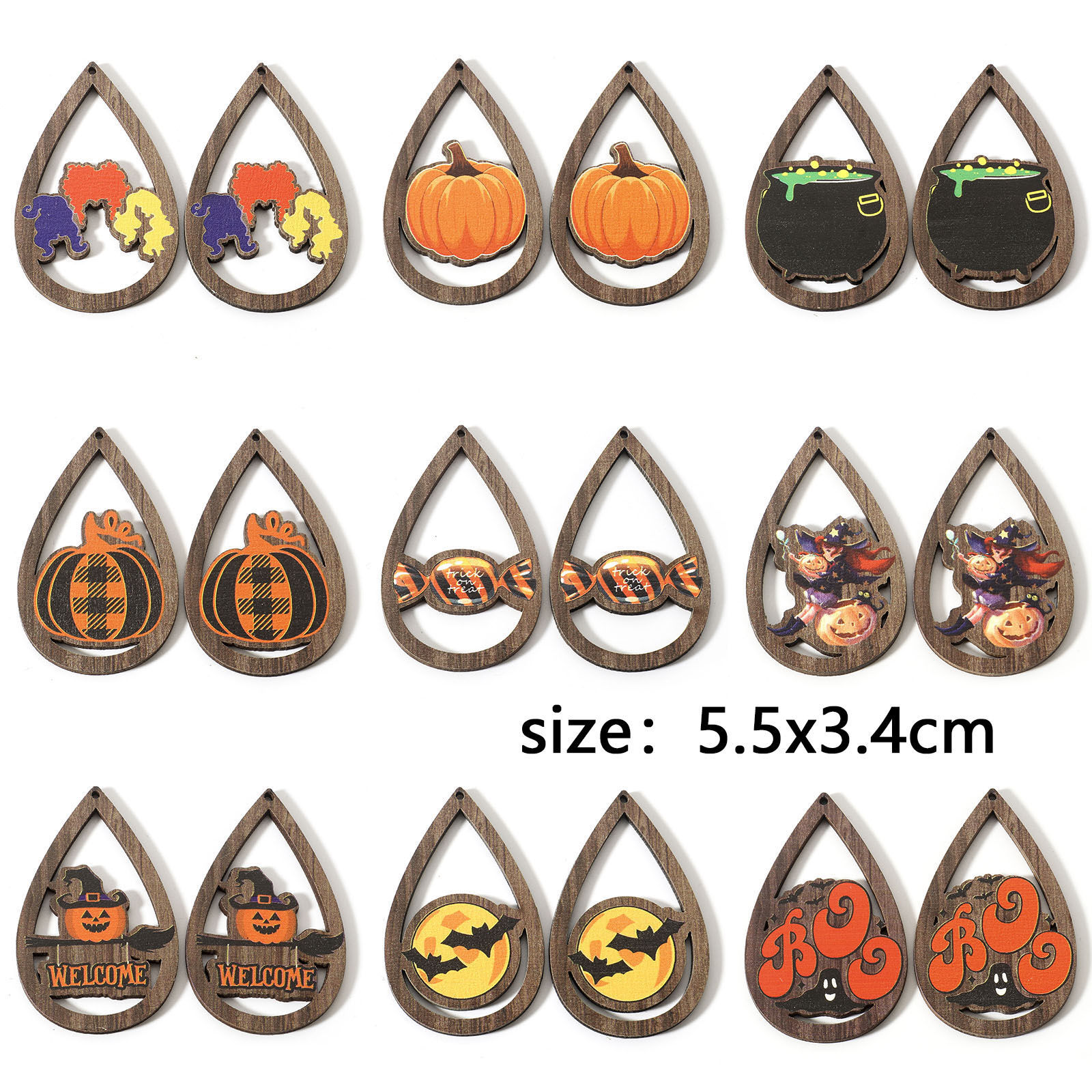 Imagen de Madera Halloween Colgantes Multicolor Gota 5.5cm x 3.4cm, 10 Unidades